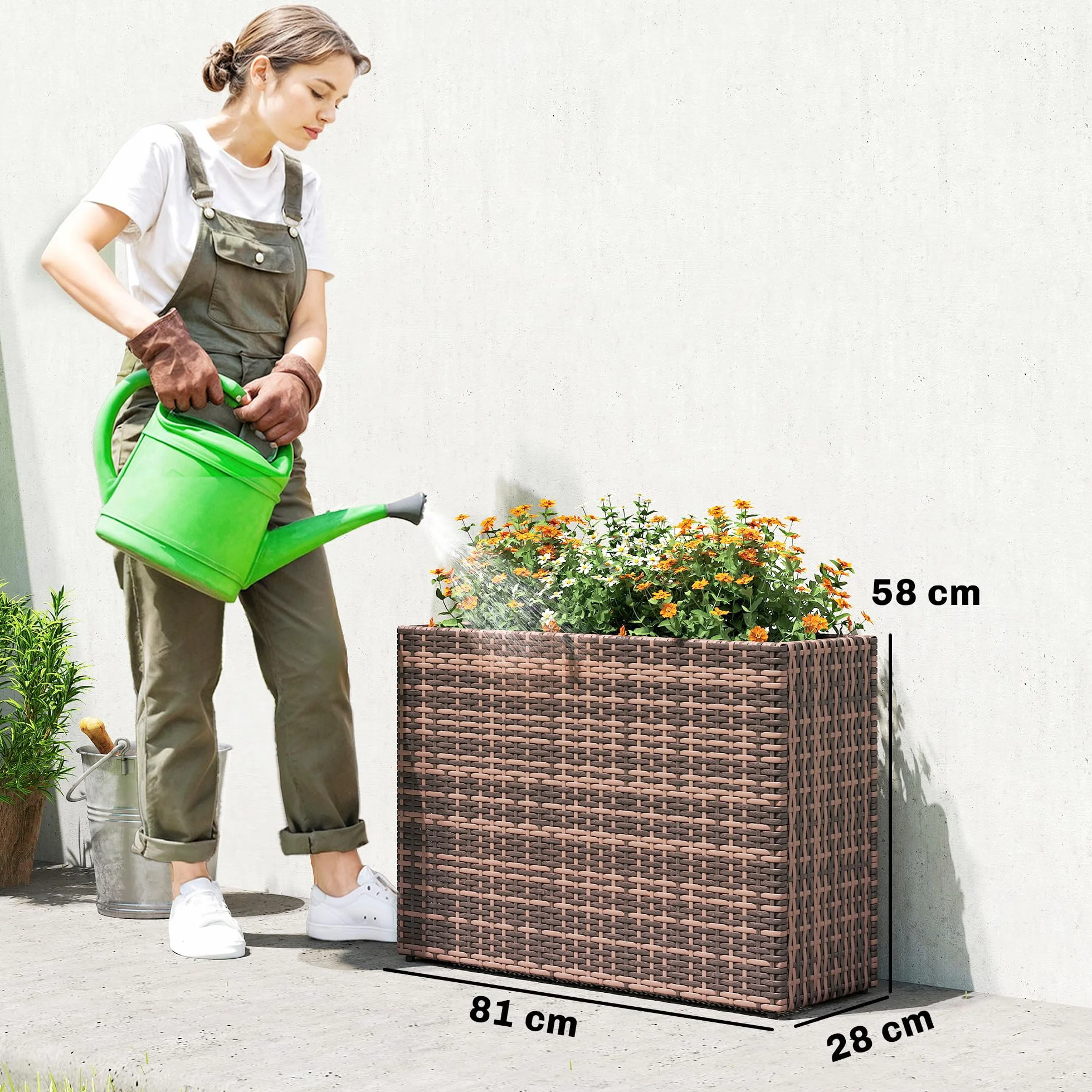Outsunny Polirattan skrzynka na kwiaty podwyższona grządka z regulowanymi nóżkami brązowa