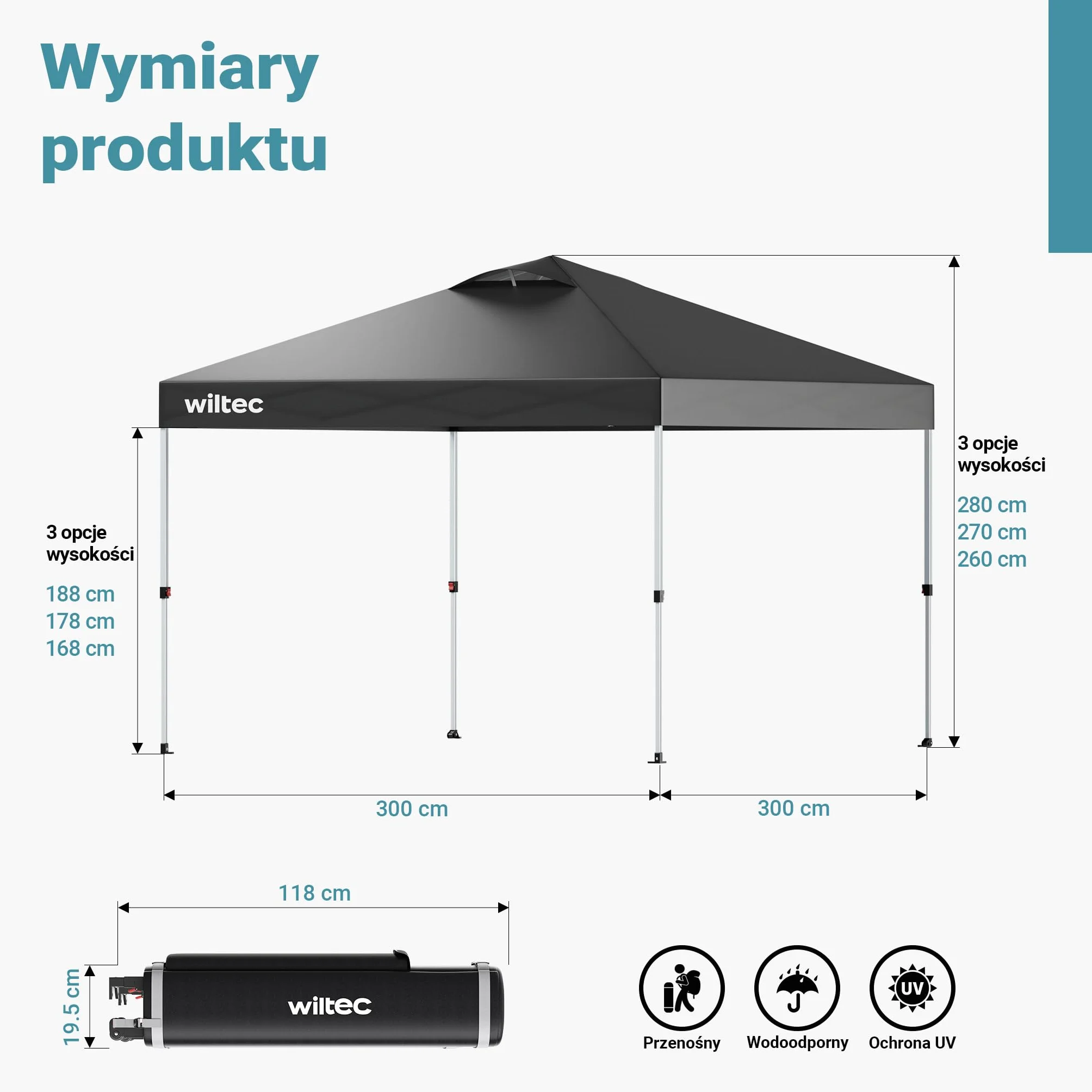 Wiltec Pop-up Pawilon składany na kołach pawilon ogrodowy szary 3x3m One push namiot imprezowy