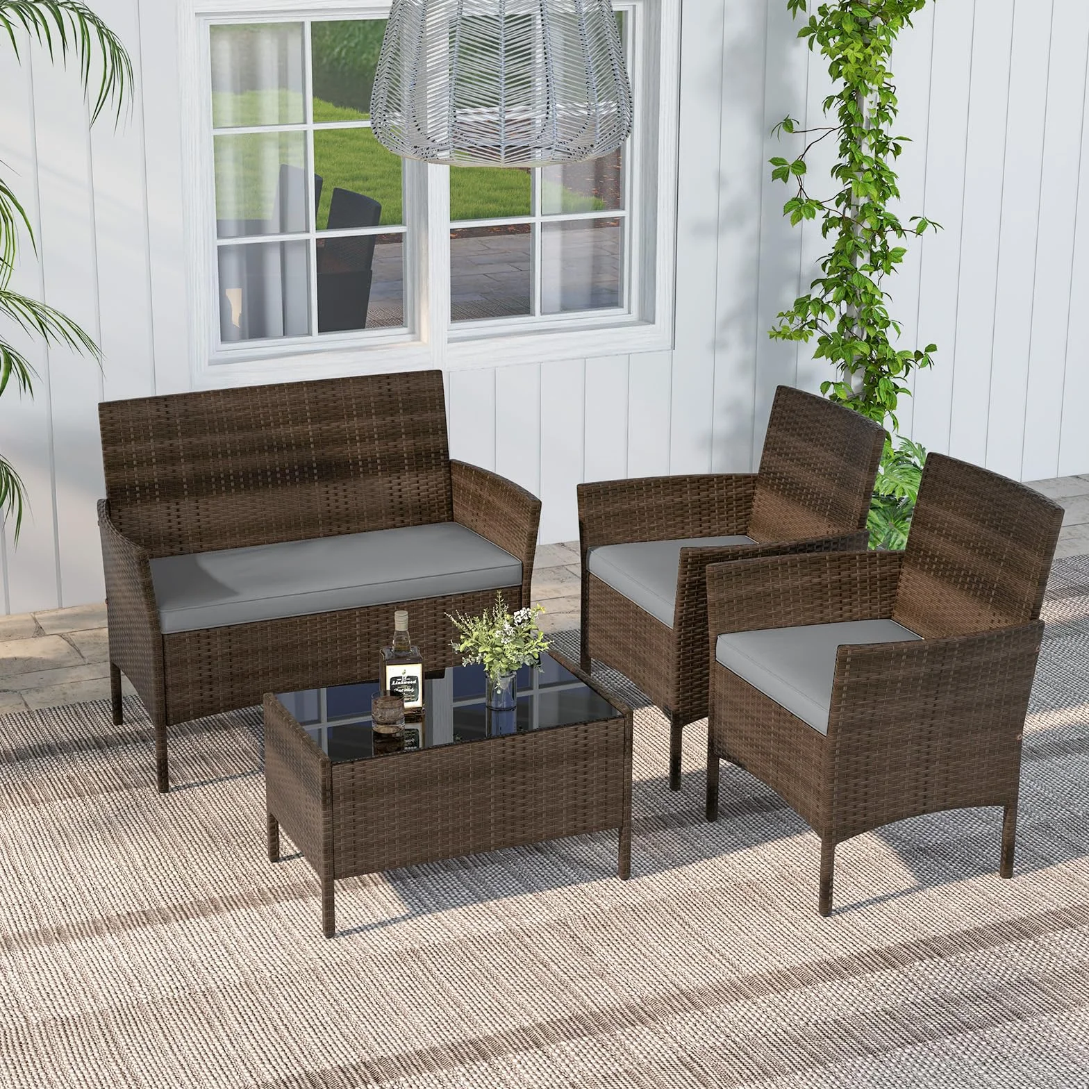 Giantex 4-osobowy zewnętrzny salon ogrodowy z rattanu PE, poduszki tapicerowane, zestaw 2-osobowych sof, 2 fotele i stolik kawowy ze szkła hartowanego, meble tarasowe do patio, balkonu (szary)