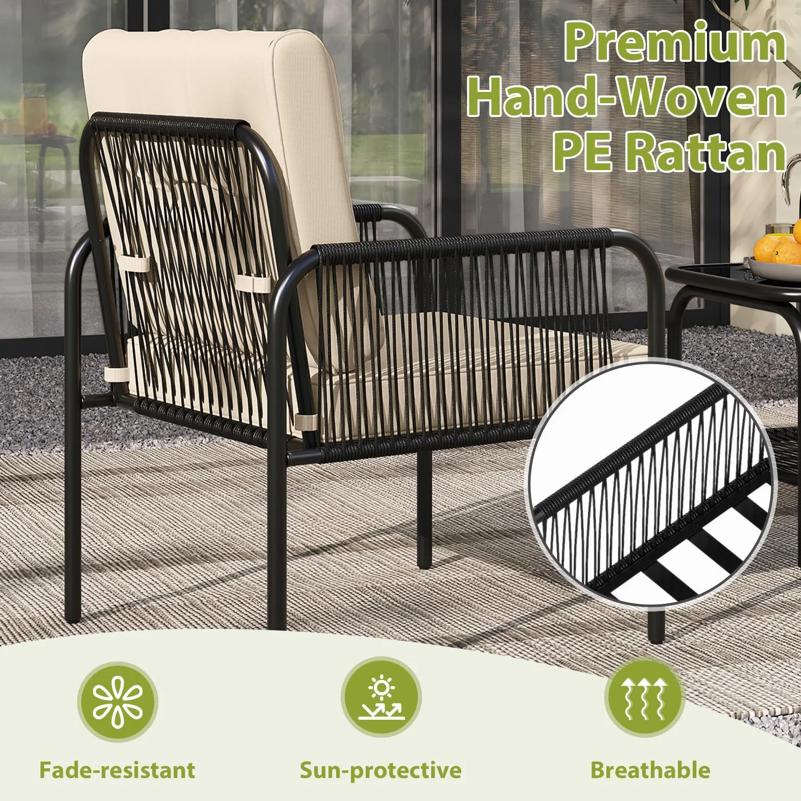 GIANTEX 2-osobowy rattan ogrodowy stół ogrodowy z 2 krzesłami podłokietnikowymi, 4 zdejmowane poduszki, stolik kawowy z półką, blat ze szkła hartowanego, na balkon, taras