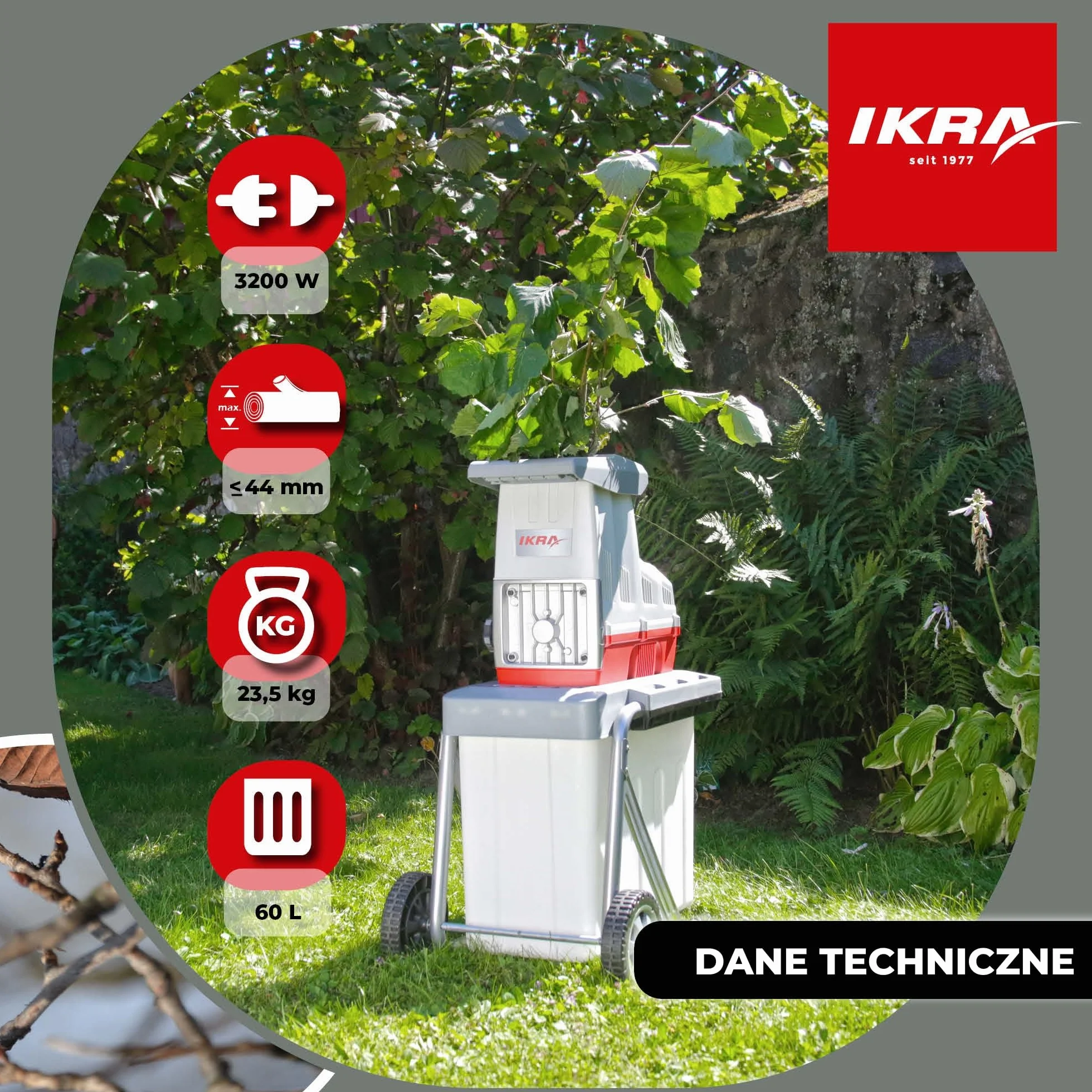 IKRA rozdrabniarka elektryczna ILH 3200 A – cicha, wytrzymała, niewymagająca konserwacji, moc 3200 W, grubość gałęzi do 44 mm
