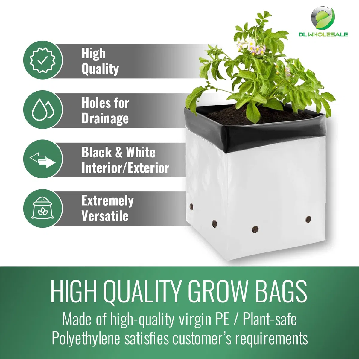 DL Wholesale Grow1 plastikowe worki do uprawy roślin (czarne/białe) (10 sztuk, 30 galonów)