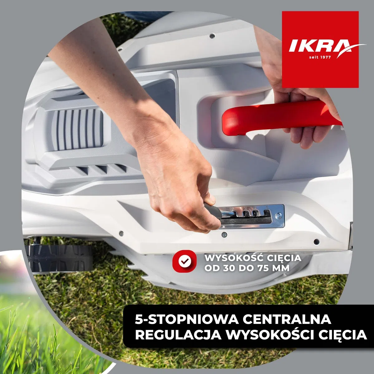 IKRA Kosiarka elektryczna IERM 2043 T, 2000W, szerokość koszenia 43 cm | 3-stopniowa regulacja uchwytu, 5 wysokości koszenia 30–75 mm, kosz 50 l i zestaw do mulczowania, hartowany nóż