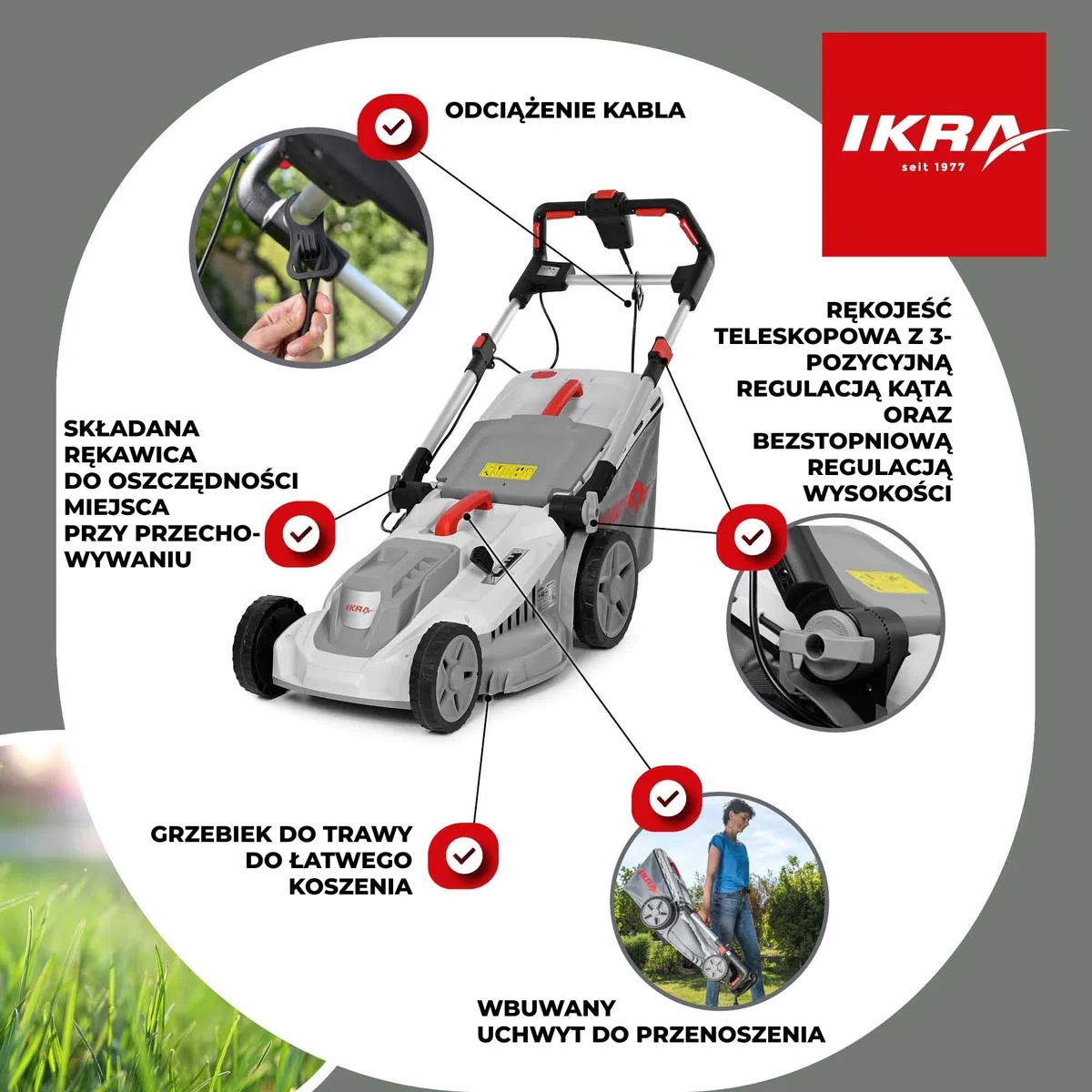 IKRA Kosiarka elektryczna IERM 2043 T, 2000W, szerokość koszenia 43 cm | 3-stopniowa regulacja uchwytu, 5 wysokości koszenia 30–75 mm, kosz 50 l i zestaw do mulczowania, hartowany nóż