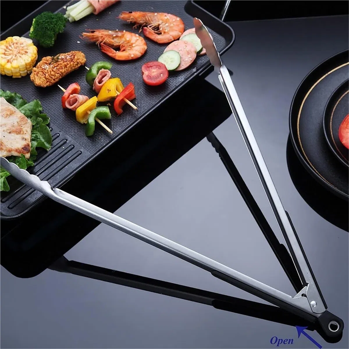 Szczypce Grilla Szczypce Do Grilla Ze Stali Nierdzewnej Zapobiegające Oparzeniom, Odpowiednie Gotowania Steków Kuchenne(Black,34cm)