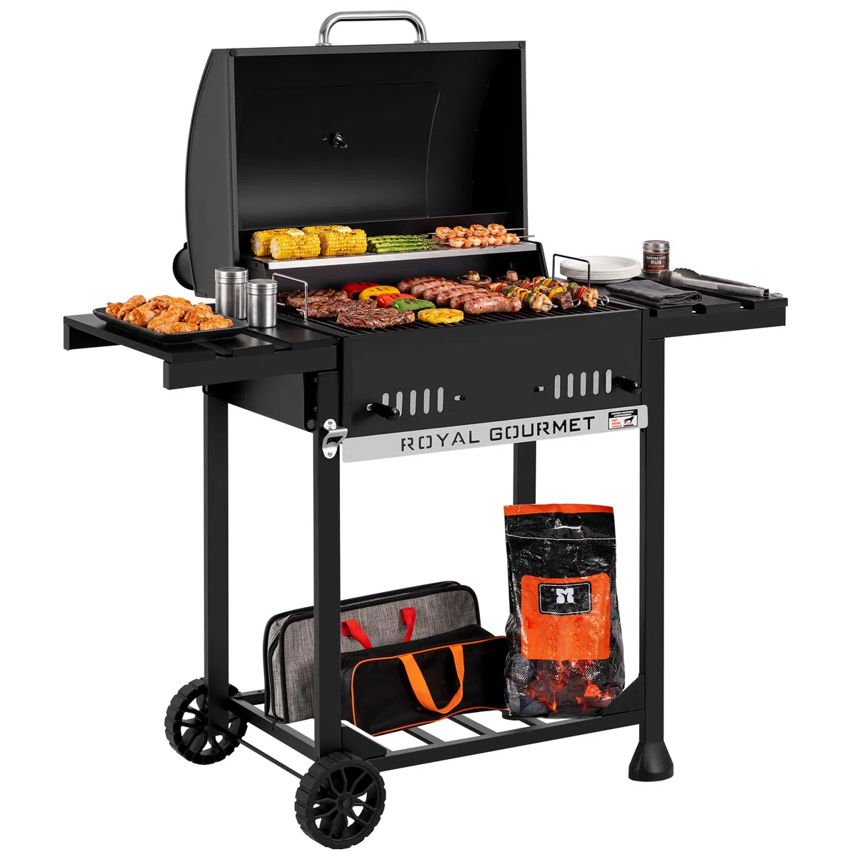 Royal Gourmet Grill na węgiel drzewny, grill węglowy na wózku ze składanymi półkami, pokrywa, termometr, powierzchnia do gotowania 56,5 x 42,2 cm do ogrodu, na kemping, czarny