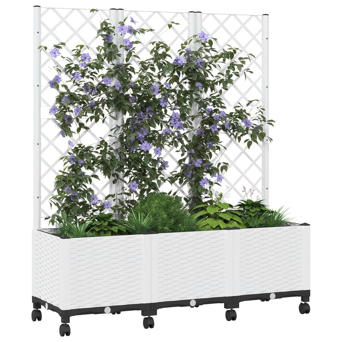 Biały pojemnik na rośliny ze kratką i kółkami 120 x 40 x 146 cm PP Outdoor Garden Flower Pot z drenażem do balcony patio, podwórka i użytku wewnątrz
