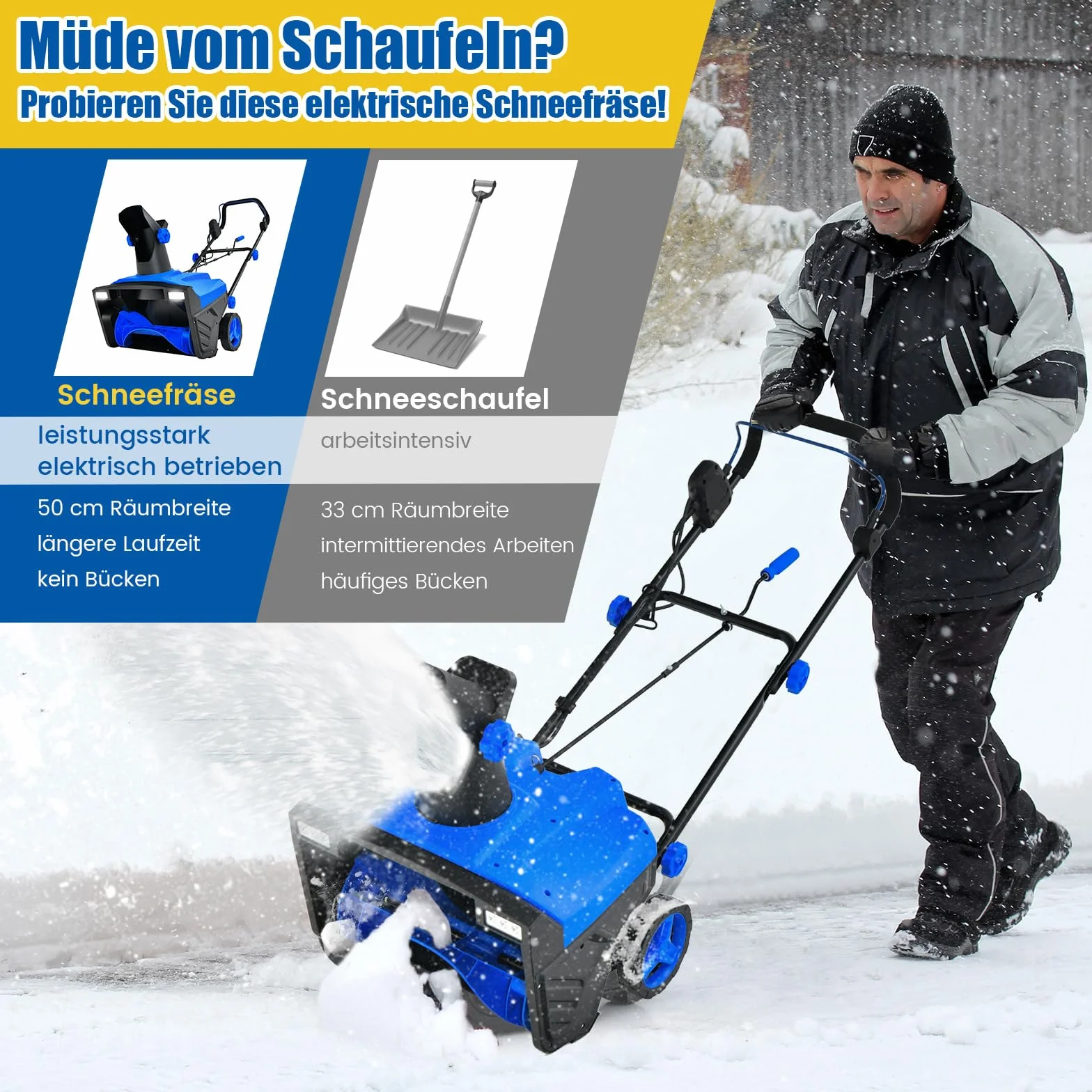 COSTWAY Elektryczna odśnieżarka 2300 W z diodami LED i silnikiem 15 A, szerokość robocza 50 cm, wysokość robocza 25 cm, przewodowa maszyna do odśnieżania ze zjeżdżalnią obracaną o 180° i zasięgiem