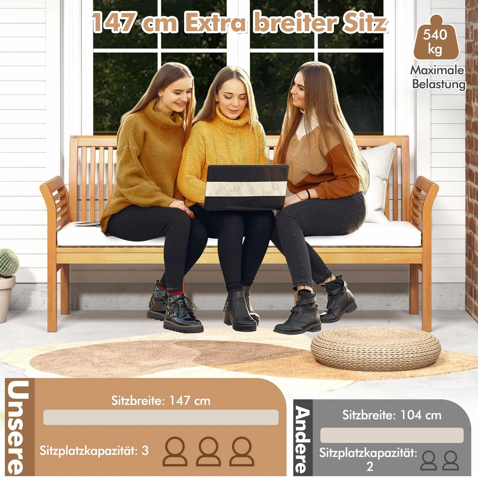 COSTWAY Ławka Ogrodowa z Drewna Akacjowego, Poduszką do Siedzenia, 3-Osobowa Sofa Ogrodowa, Balkonowa, Obciążenie 540 kg, Parkowa na Taras, Balkon, Ogrodu, 159