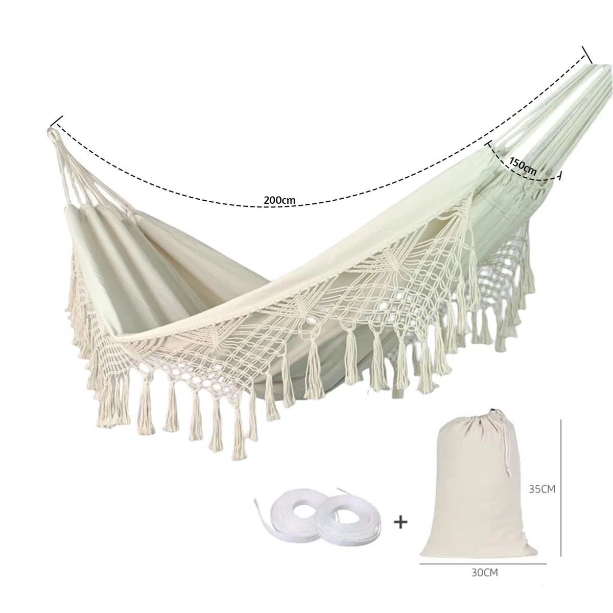 Hamak boho z frędzlami, lekki hamak kempingowy, 200 x 150 cm, styl etniczny, do ogrodu, na balkon i na zewnątrz, wygodny i dekoracyjny