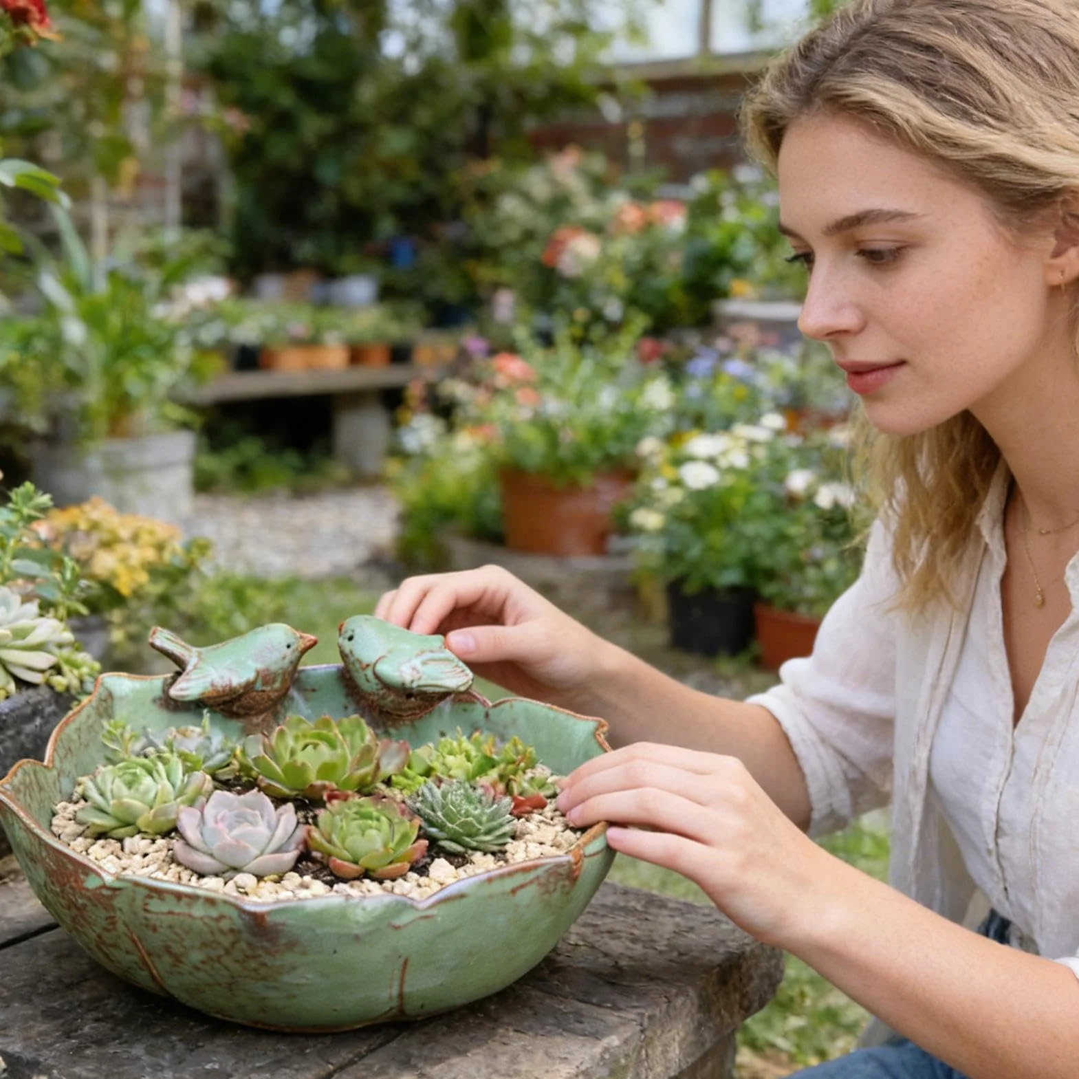 Miska do kąpieli dla ptaków, szczelna i dekoracyjna, ceramiczna, hydroponiczna, do użytku wewnątrz i na zewnątrz, do ogrodu, na taras, balkon, podwórko, trawnik