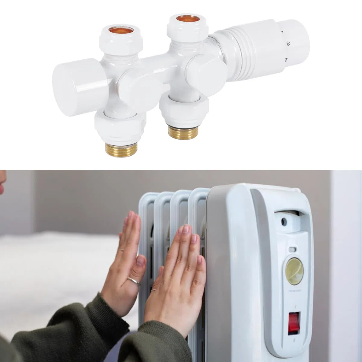 Multiblock z termostatem do grzejników, rozstaw piast 50 mm, zawór grzejnikowy mosiężny chromowany z głowicą termostatyczną (biały)