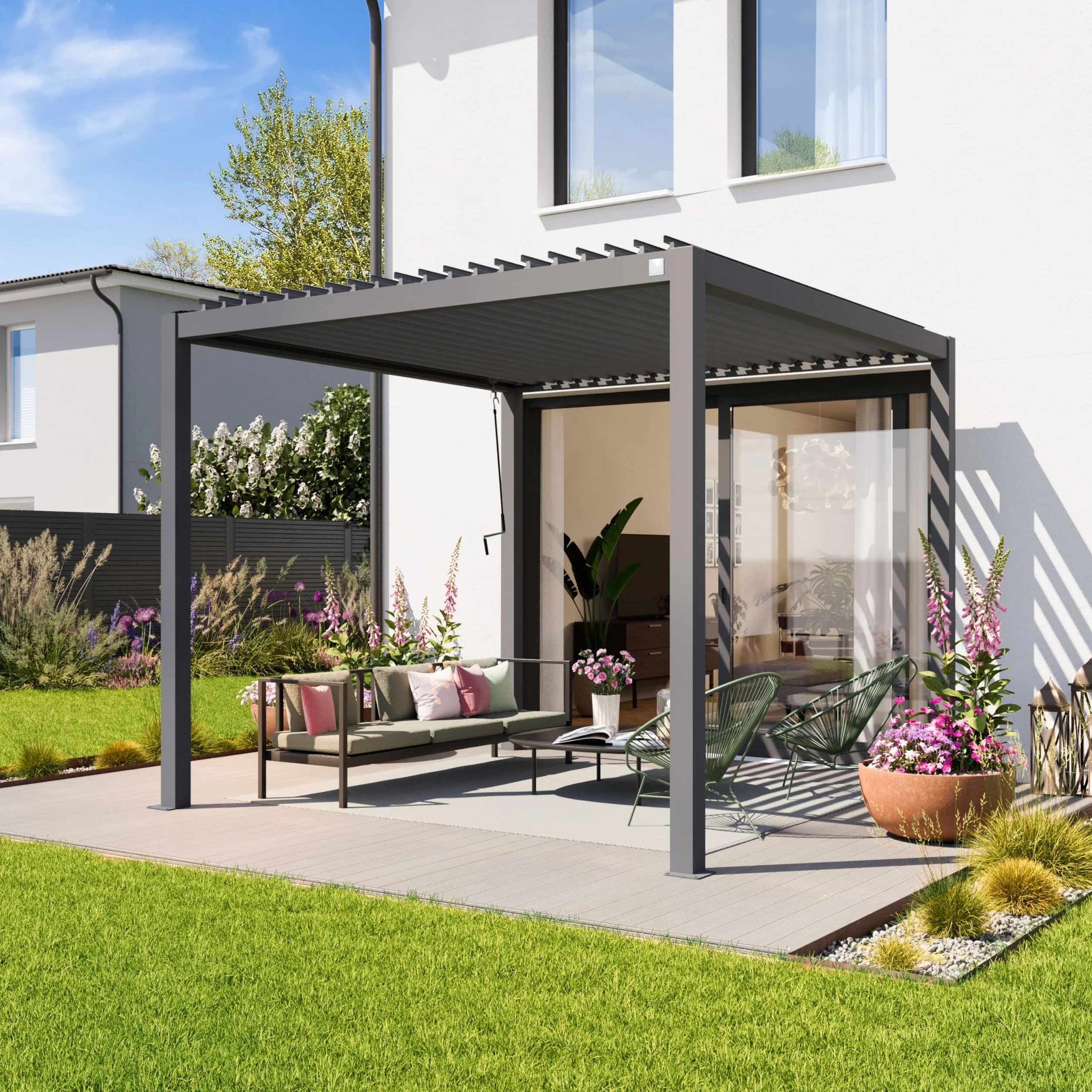 PRIMEYARD Pergola 3x3 m słupy aluminium z dachem z listew stalowych szara osłona tarasu