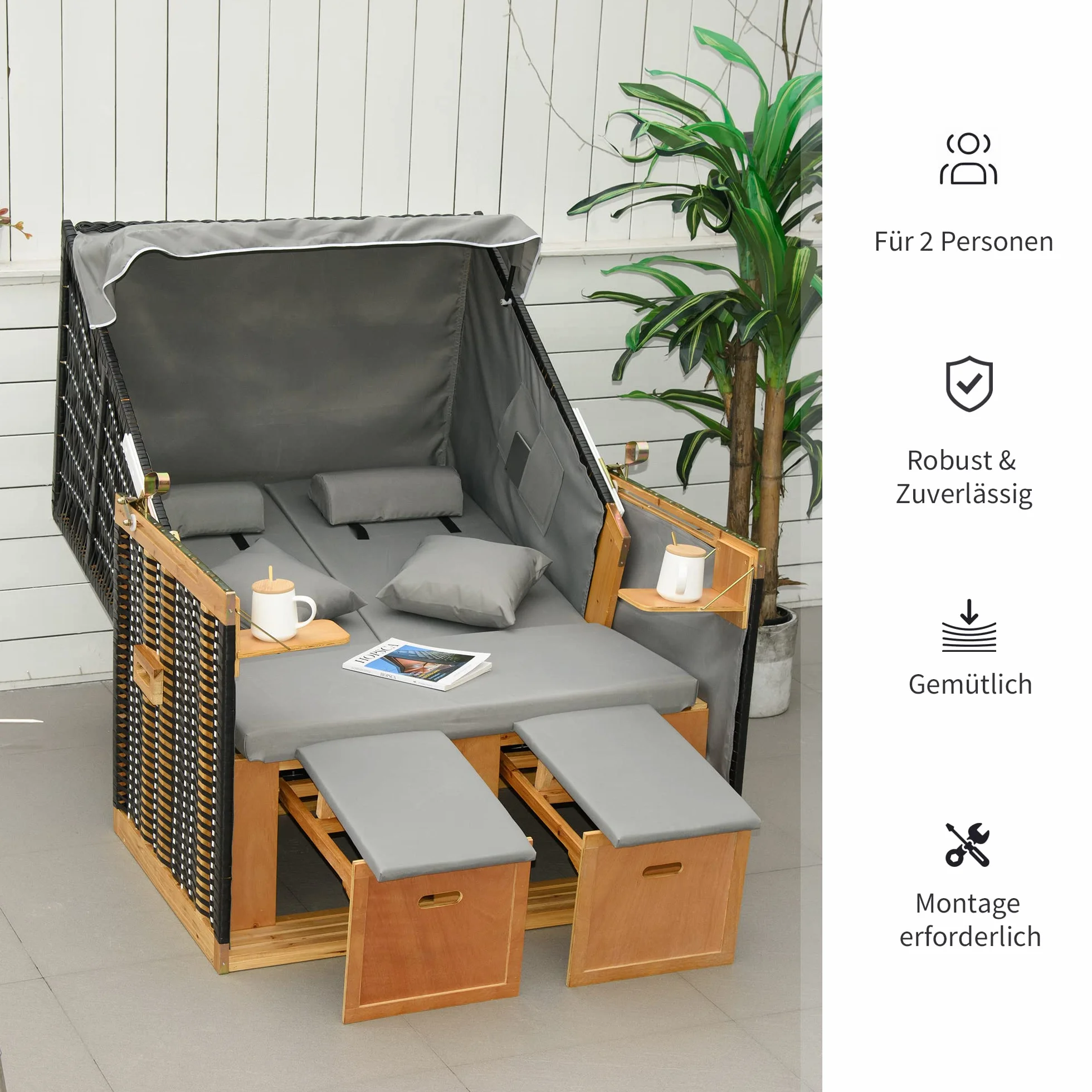 Outsunny kosz plażowy z podnóżkiem i stołem składanym pełna pozycja leżąca leżak ogrodowy z uchwytami na napoje rattan PE kolor jasnoszary 118 x 79 x 150 cm