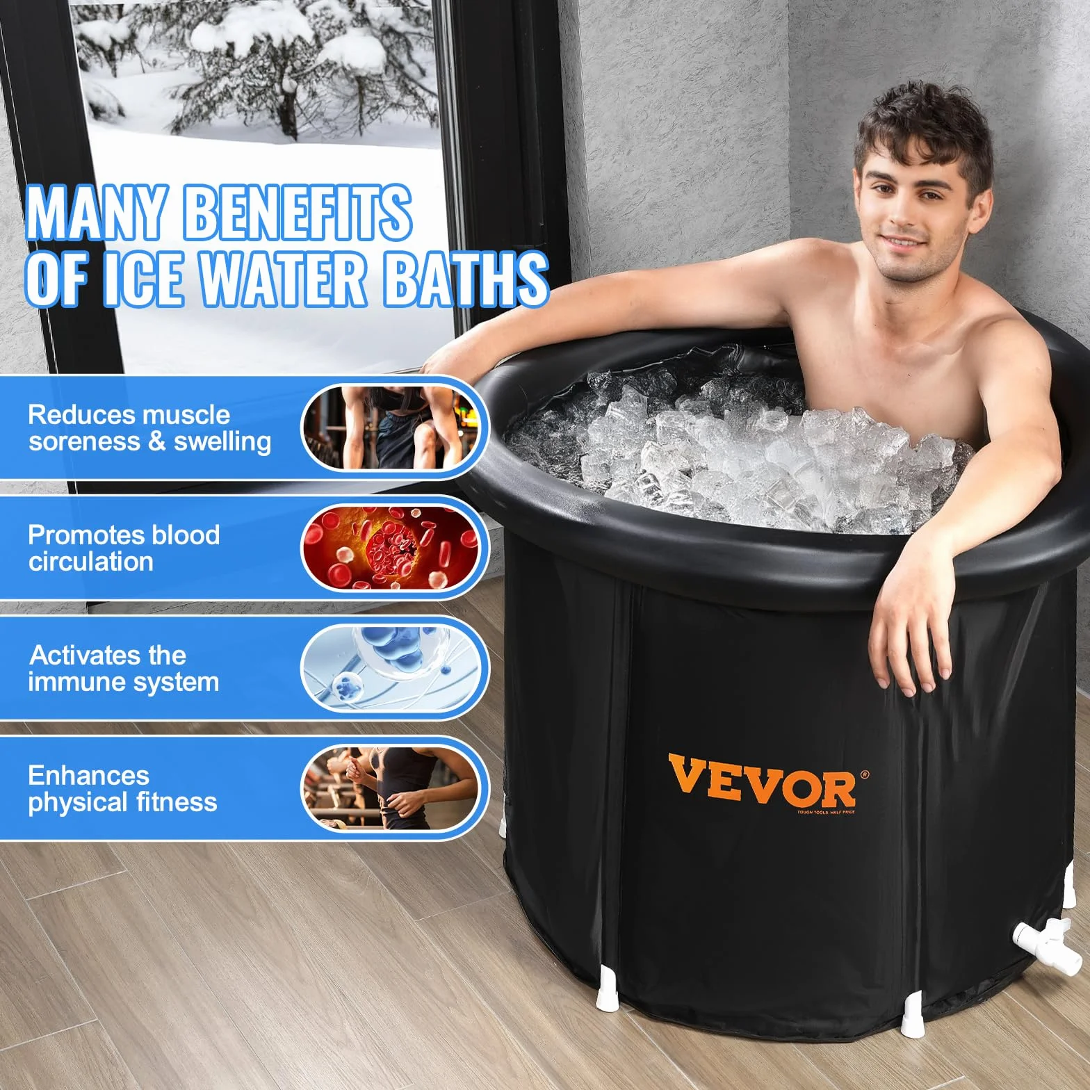 VEVOR Wanna lodowa 90 cm 370 l terapeutyczna z pokrywą składana nadmuchiwana