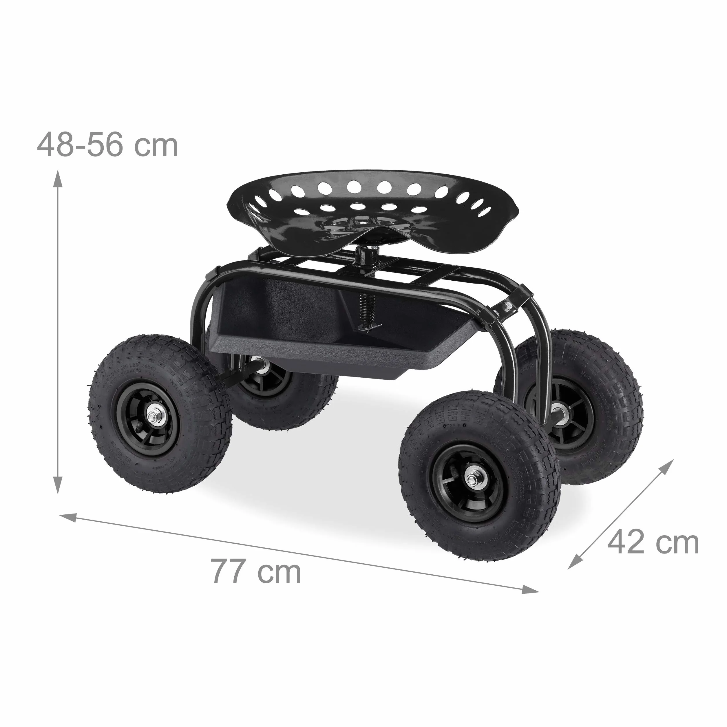 Relaxdays Siedzisko na kółkach, do ogrodu i warsztatu, 150 kg, regulacja wysokości 48-56 cm, ruchome siedzisko ogrodowe z 4 kółkami, czarne