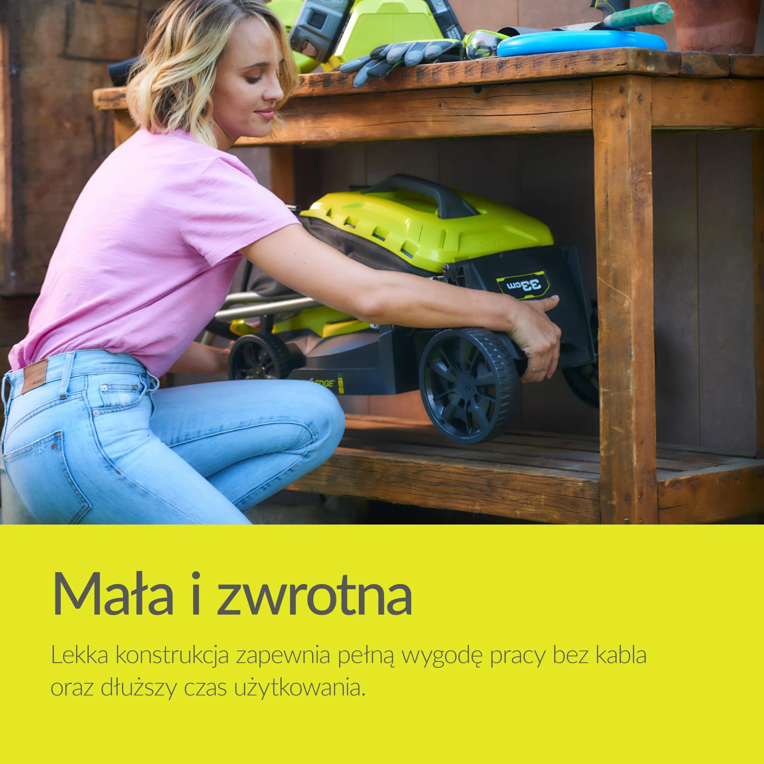 Ryobi Bezprzewodowa Kosiarka 18 V, OLM1833B, Szerokość Koszenia 33 cm, 5-Stopniowa Regulacja Wysokości Koszenia, od 25 mm do 65 mm, Kosz na Trawę 35 L, Wersja bez Akumulatora i Ładowarki