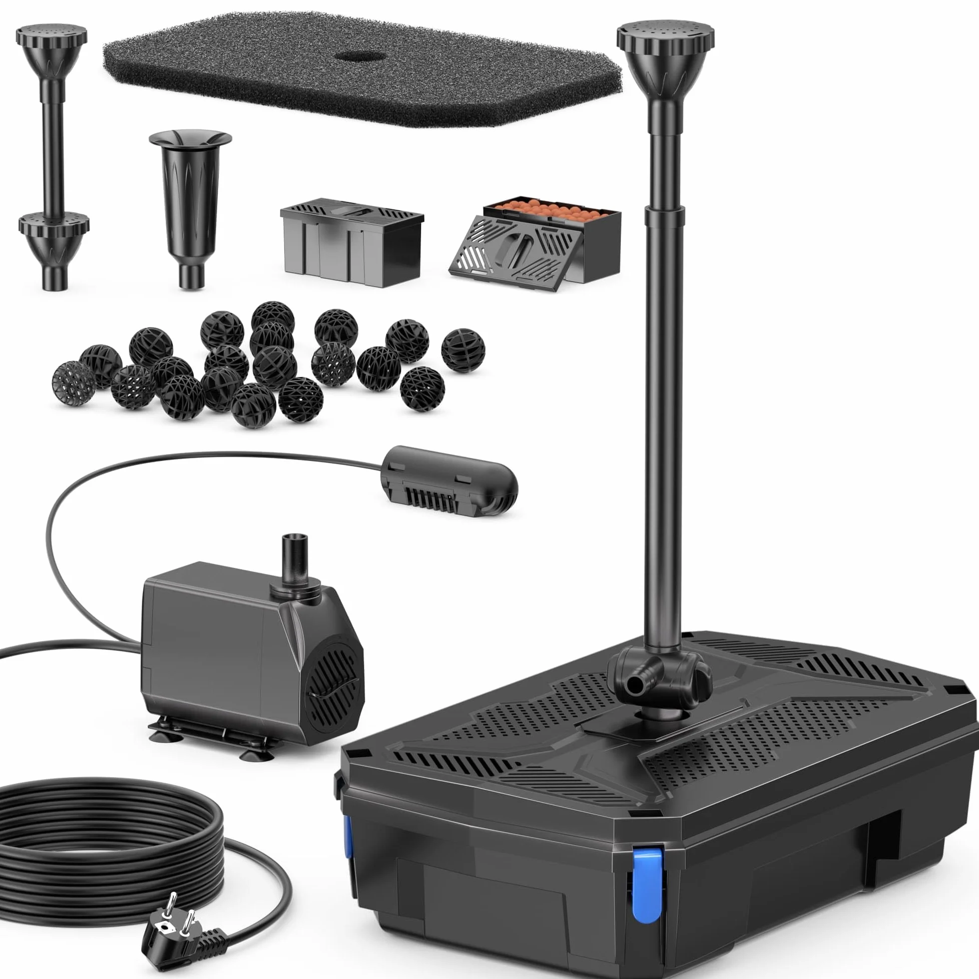 Biling Pompa filtrująca do stawu z oczyszczaczem UV, cicha pompa do stawu 2500 l/h, kompletny zestaw z filtrem, 3 dysze do stawów ogrodowych do 3000 litrów, do hodowli ryb i zwalczania glonów