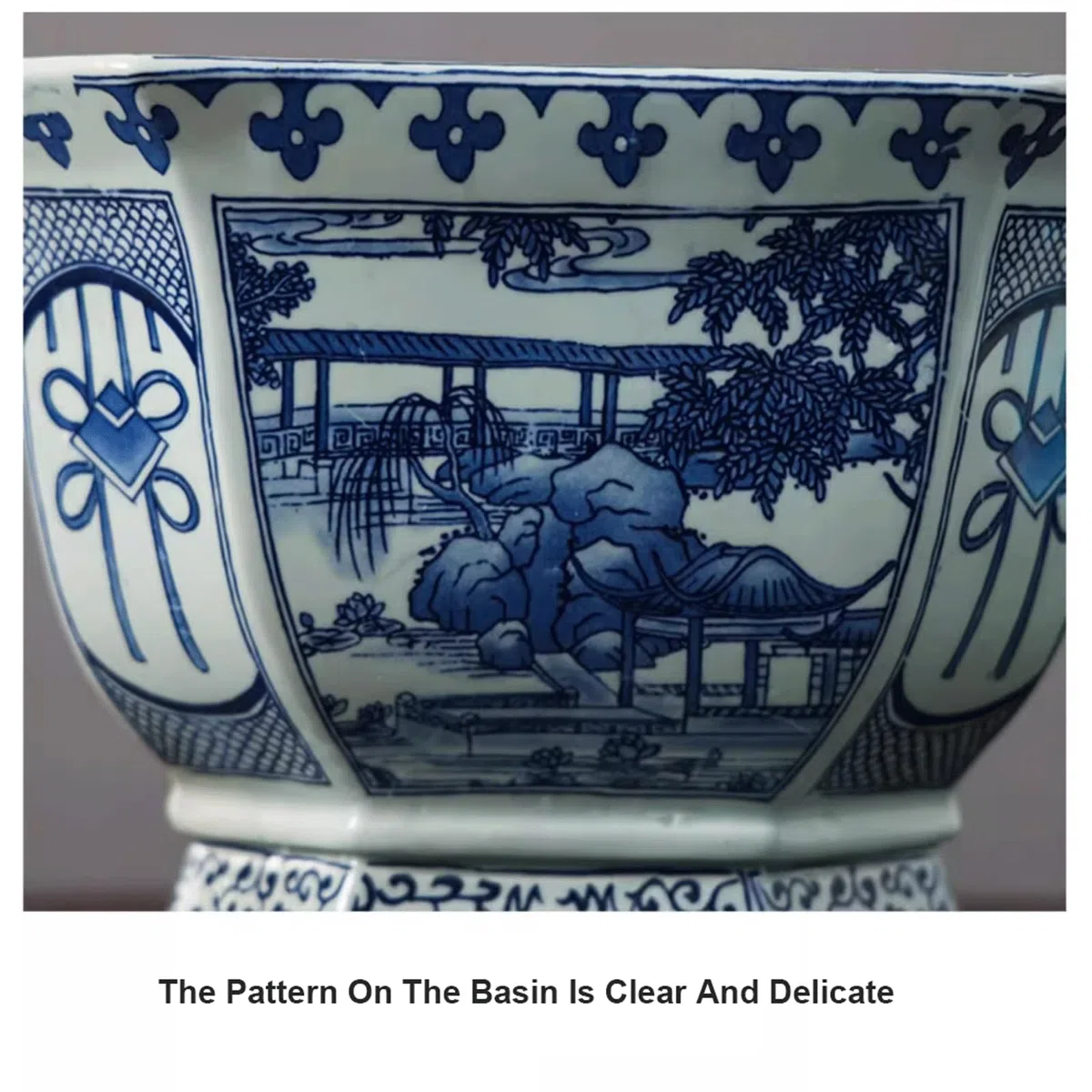 Niebieski i biały sześciokątny kwiatowy porcelanowy doniczka Chinoiserie Jingdezhen ceramiczna doniczka z otworem drenażowym chiński azjatycki design doniczka do wewnątrz i na zewnątrz