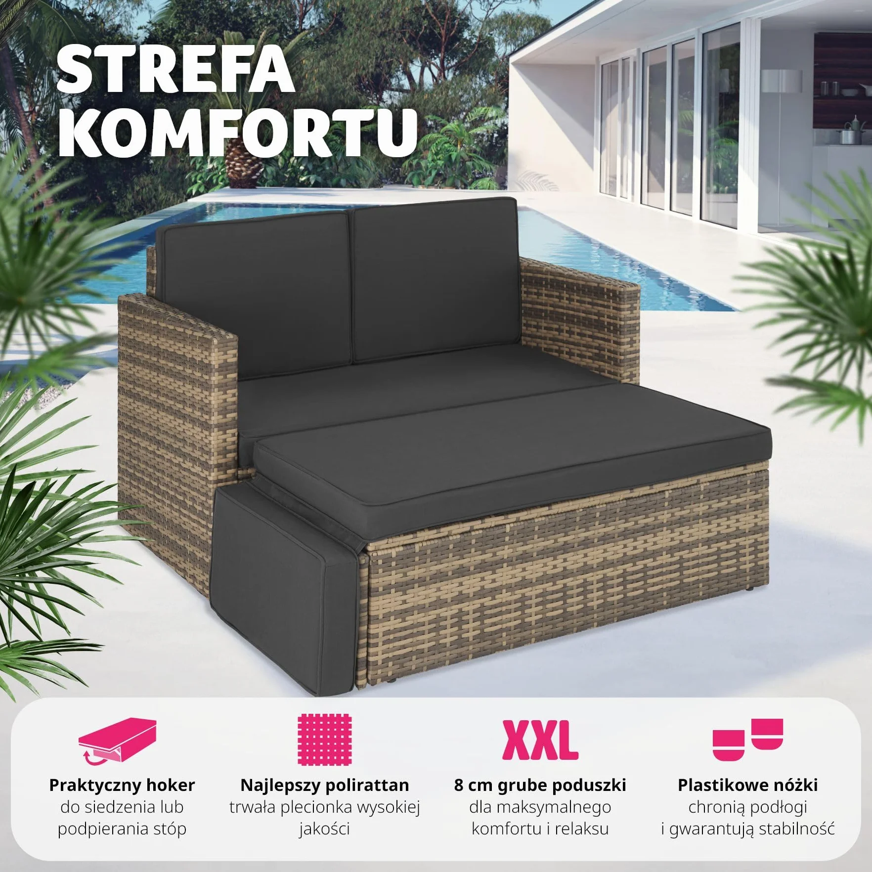 tectake® Zestaw Wypoczynkowy Korfu,do Domu, Ogrodu i na Taras, Technorattan, Duży Puf z Podporą, Stelaż ze Stali, Wodoodporne Poduszki (Naturalny)