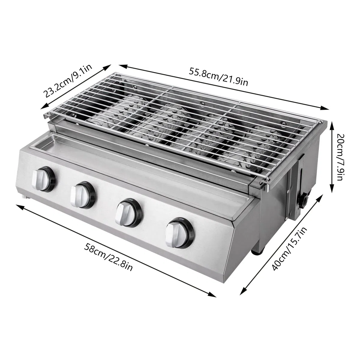 4-palnikowy stalowy grill gazowy na kemping, 580 x 400 x 200 cm, propan, Barbacoa, LPG, plancha do użytku na zewnątrz i przenośnego grilla Equint