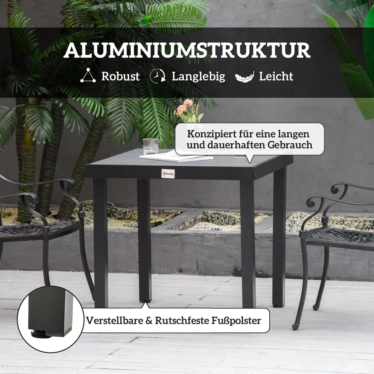 Stół ogrodowy dla 4 osób, aluminiowy, czarny, plastikowy