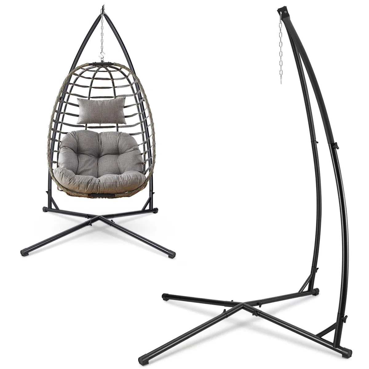 Stelaż do fotela wiszącego, stelaż do hamaka z metalu, 150 kg, do foteli wiszących do wnętrz, sypialni, ogrodu (dł. x szer. x wys.) 110 x 110 x 215 cm