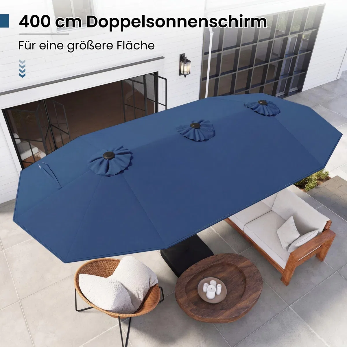 COSTWAY Podwójny parasol przeciwsłoneczny ze stojakiem i diodami LED, 400 x 200 cm, duży parasol przeciwsłoneczny, XXL, UPF 50+, parasol ogrodowy z korbą, parasol tarasowy, do ogrodu, na taras i basen