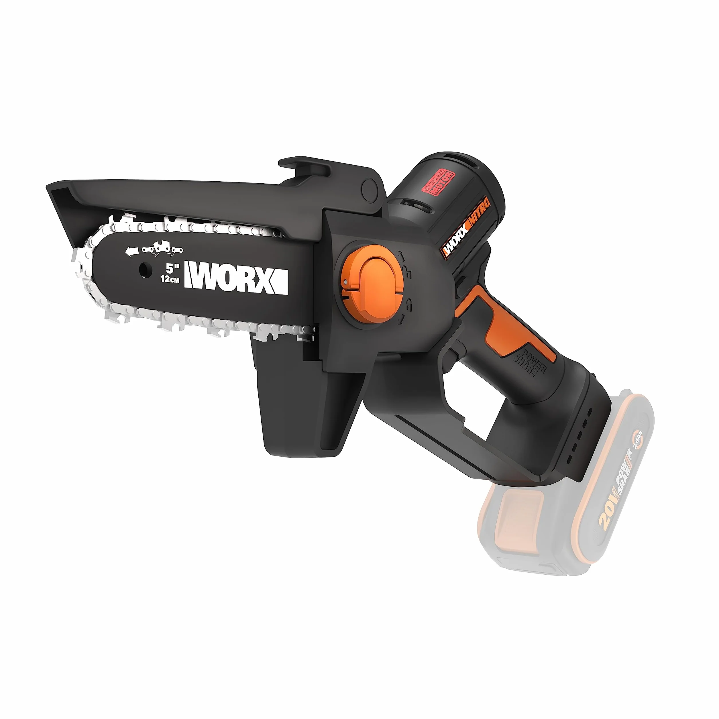 WORX WG325E.9 Nitro Mini piła łańcuchowa 20 V – jednoręczna piła łańcuchowa – wydajny silnik bezszczotkowy – długość miecza 12 cm – lekka i kompaktowa – automatyczne smarowanie łańcucha – bez akumulatora i ładowarki