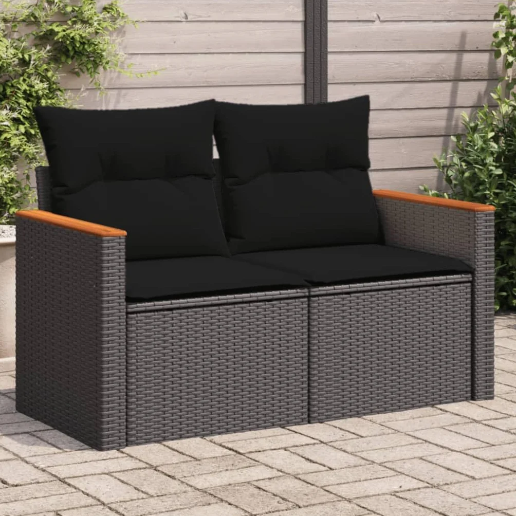 vidaXL Sofa ogrodowa z poduszkami, 2-osobowa, czarna, z polirattanu