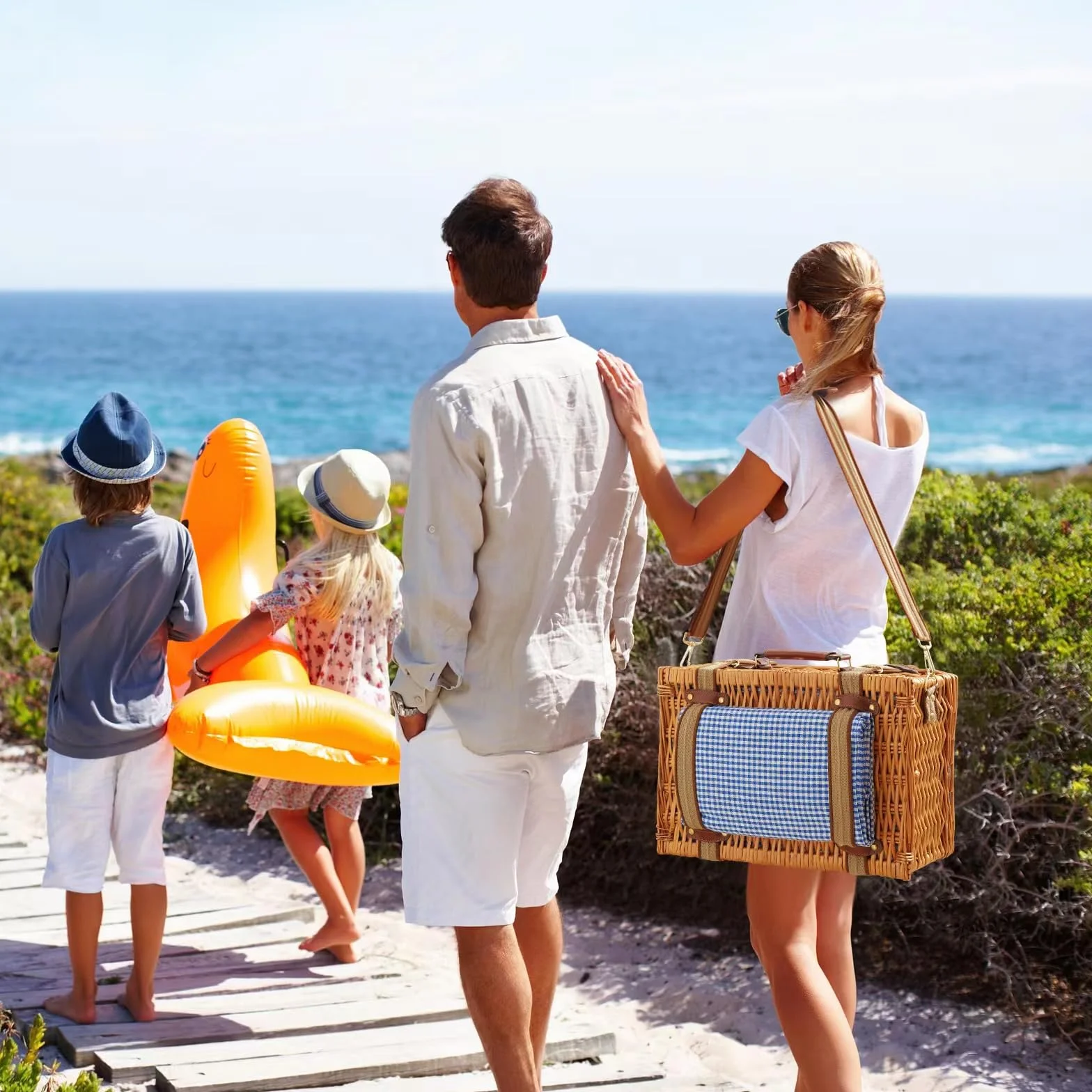 Zestaw piknikowy z wikliny dla 2 osób, z kieszenią chłodzącą i wodoodpornym kocem, zdejmowanym paskiem, sztućcami, na kemping, w podróż, na plażę