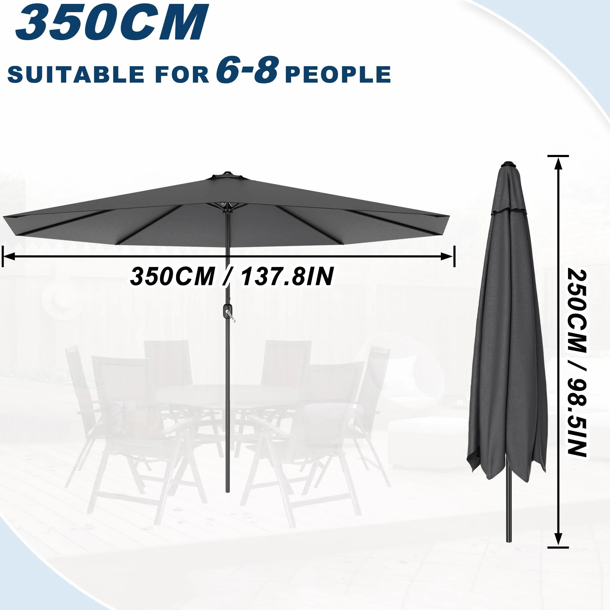 UISEBRT 350 cm, aluminiowy parasol przeciwsłoneczny z korbą ręczną, ochrona przed promieniowaniem UV 40+, na taras, do ogrodu, na taras (350 cm, ciemnoszary)