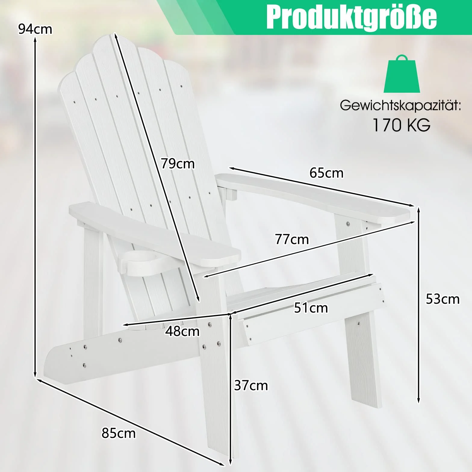 COSTWAY NP10983DE Adirondack krzesło z uchwytem na napoje, odporne na warunki atmosferyczne, fotel ogrodowy z tworzywa sztucznego, krzesło outdoorowe do ogrodu, na taras, nośność 170 kg (białe), 85 x 77 x 94 cm