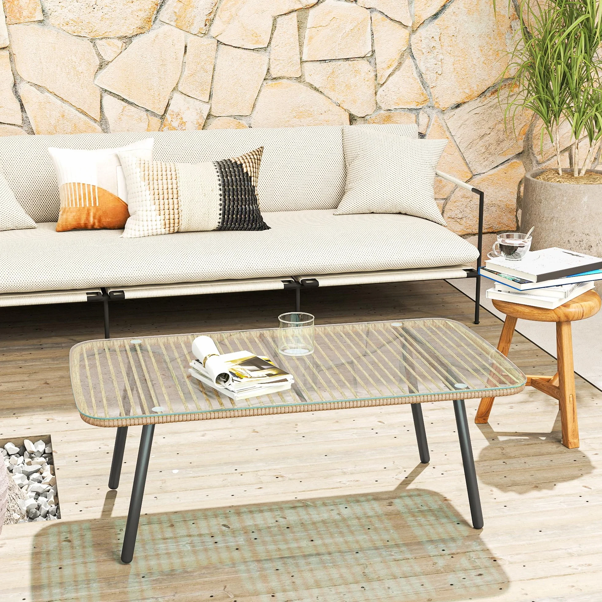 Outsunny Stolik ogrodowy z plecionej żywicy, blat ze szkła hartowanego, stolik pomocniczy do użytku na zewnątrz, do ogrodu, na taras, patio, balkon, stalowa rama, 110 x 60 x 40 cm, z efektem