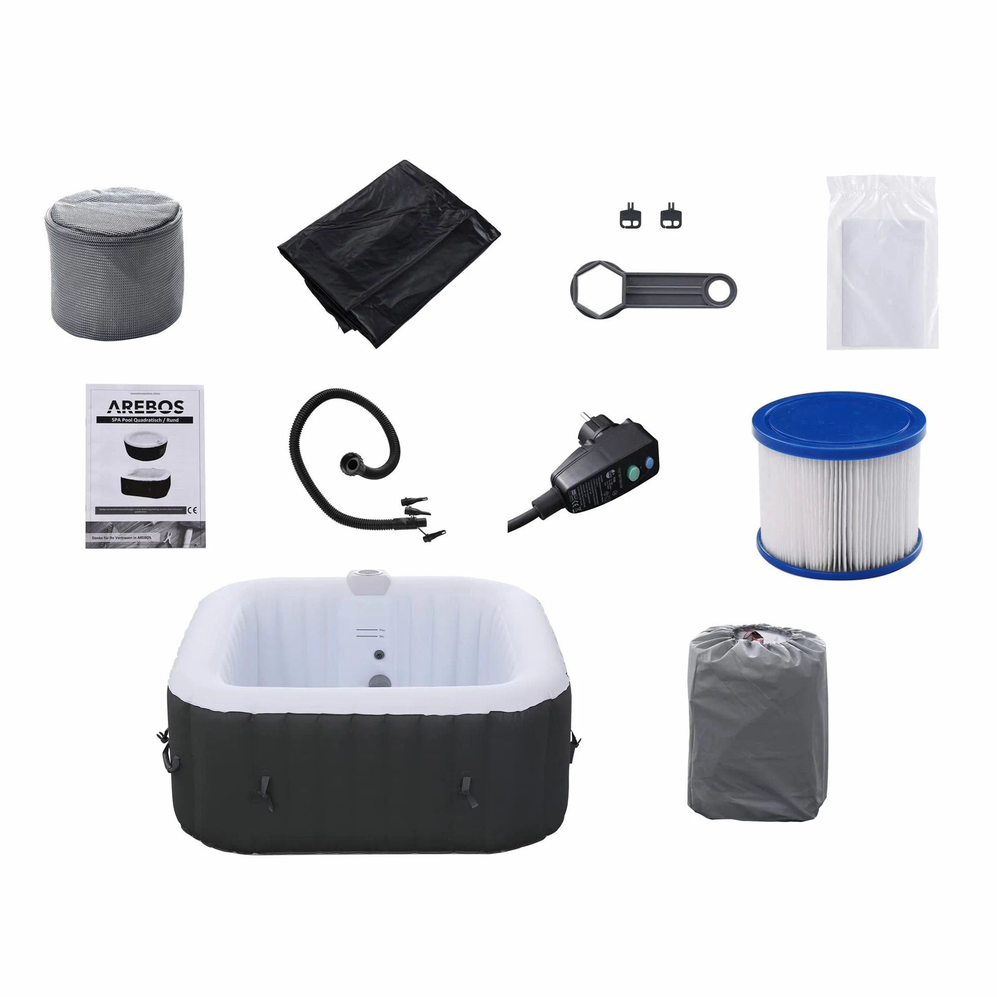 Arebos Nadmuchiwane | Whirlpool Pure | | 4 osoby | 130 dysz do masażu | Spa Dobre samopoczucie Ogrzewanie | 550 litrów | z pokrywą | Bubble Spa & Wellness masaż