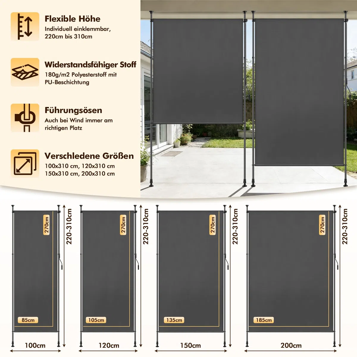 Markiza zaciskowa, 120 x 310 cm, markiza boczna, wysuwana, z korbą ręczną, nie wymaga wiercenia, markiza pionowa, ochrona przed wzrokiem, odporna na działanie warunków atmosferycznych, na