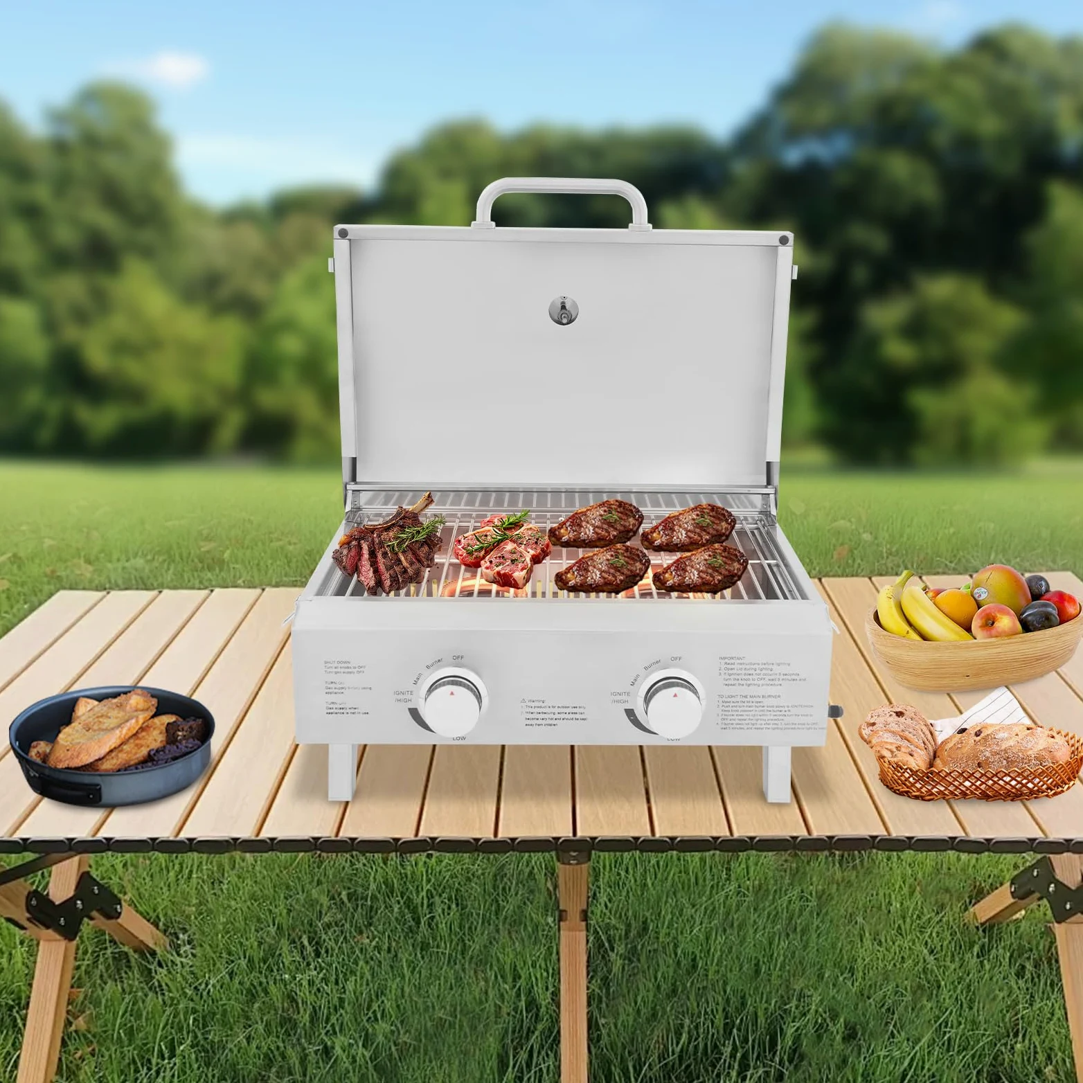 Gastro grill gazowy, grill gazowy, do pieczenia kiełbasy, stołowy, grill gazowy z 2 palnikami – ruszt do grillowania ze stali nierdzewnej 55 x 45 cm, składany i przenośny, w zestawie kamień do pizzy i