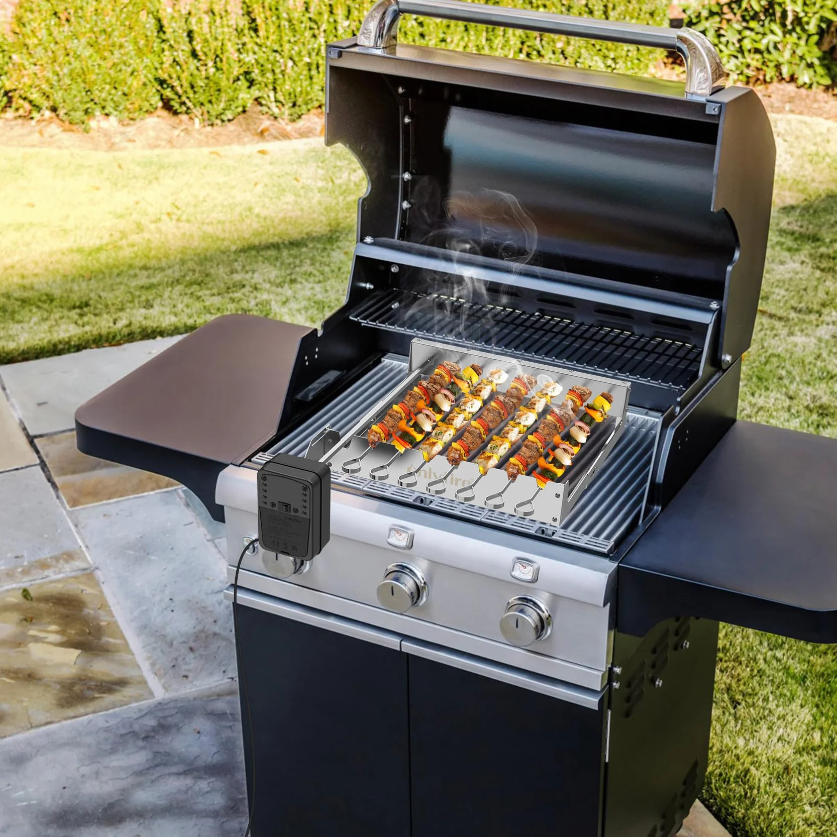 Onlyfire Elektryczny Szpikulca ze Stali Nierdzewnej, Obrotowy Stojak do Grillowania Zestaw Shish Kabob z 7 Szpikulcami i Dwufunkcyjnym Silnikiem Rożna