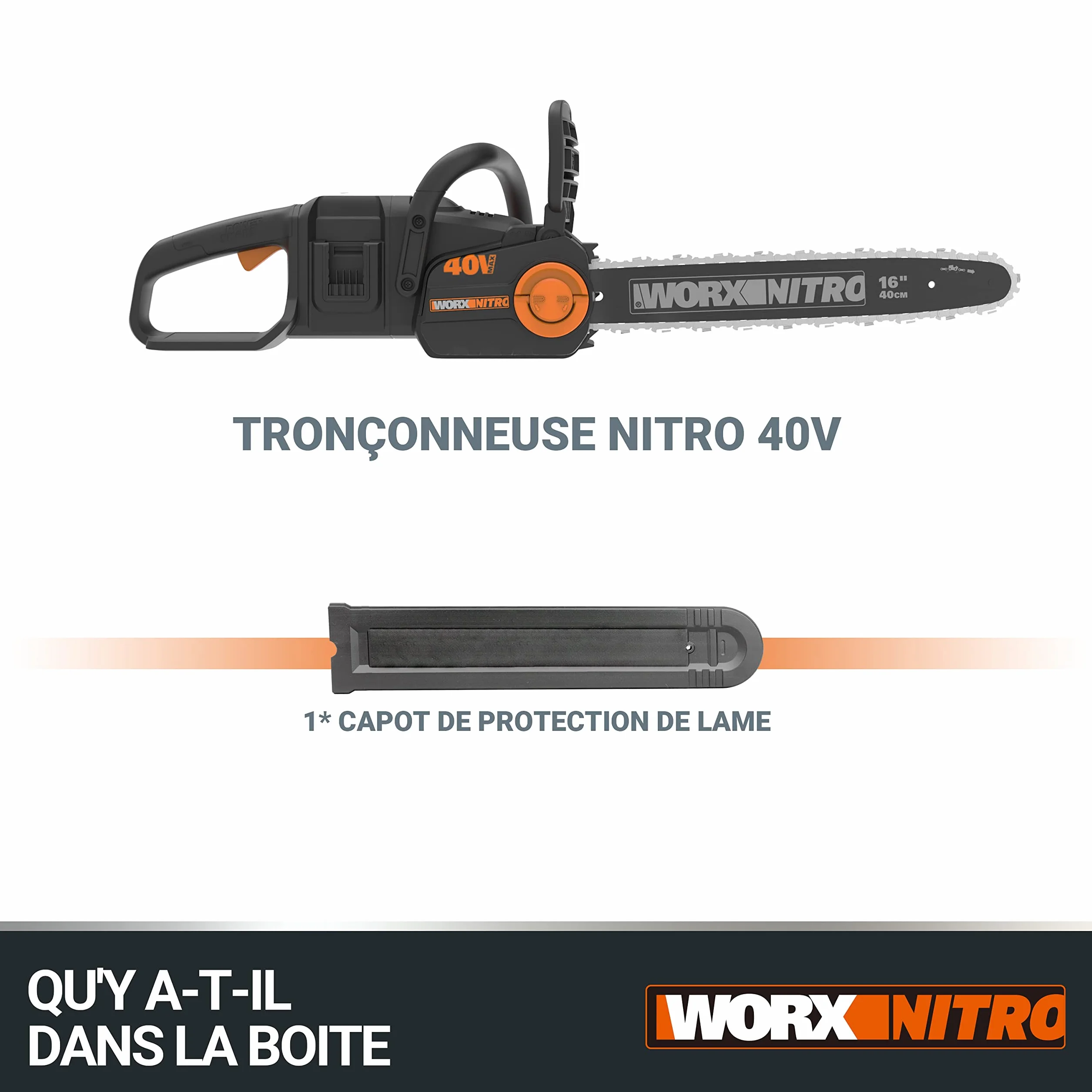 WORX Piła łańcuchowa Nitro 40V (2x20V) | PowerShare | WG385E.9 | Nie obejmuje baterii i ładowarki | Silnik bezszczotkowy | Miecz 40 cm | Hamulec łańcucha i automatyczne smarowanie