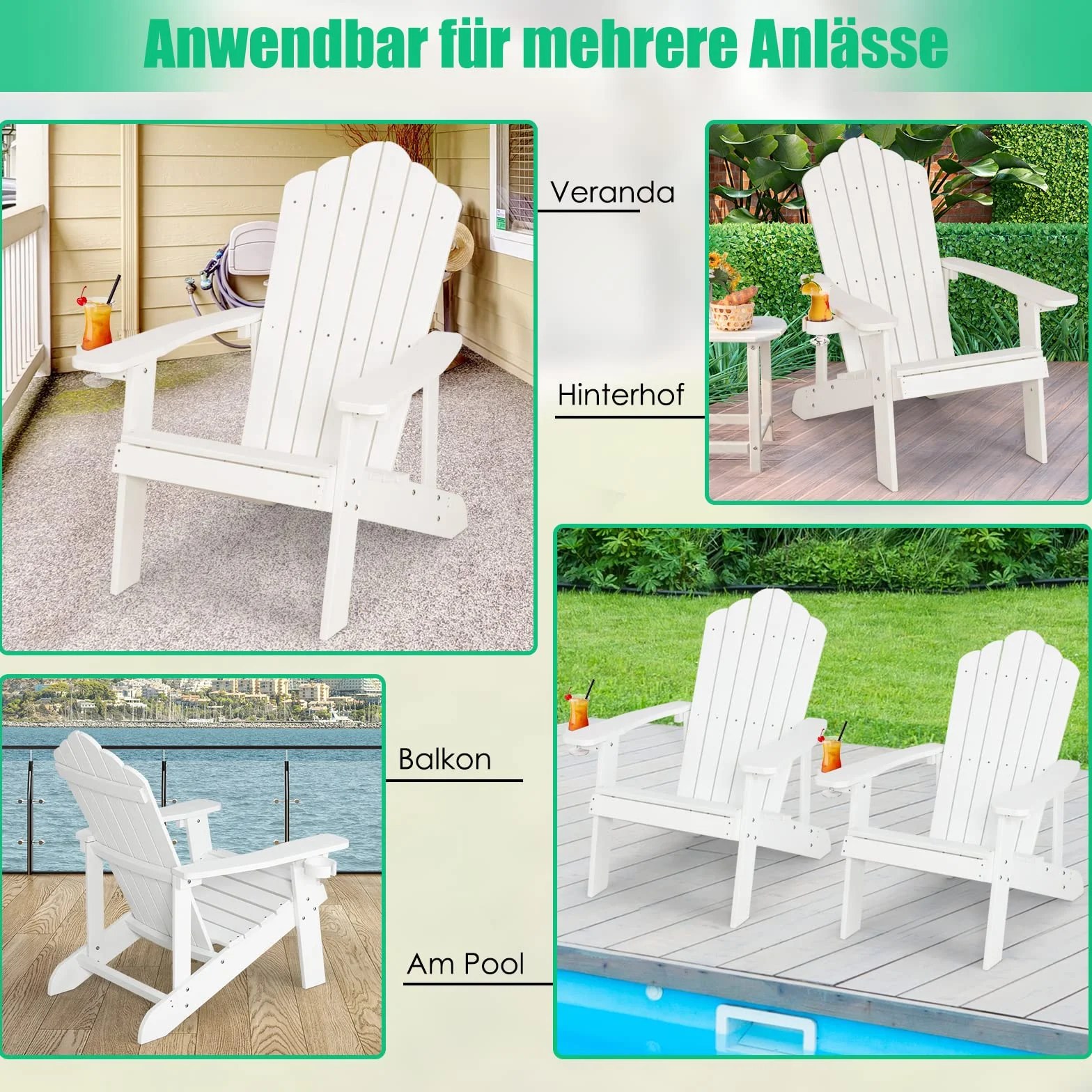 COSTWAY NP10983DE Adirondack krzesło z uchwytem na napoje, odporne na warunki atmosferyczne, fotel ogrodowy z tworzywa sztucznego, krzesło outdoorowe do ogrodu, na taras, nośność 170 kg (białe), 85 x 77 x 94 cm