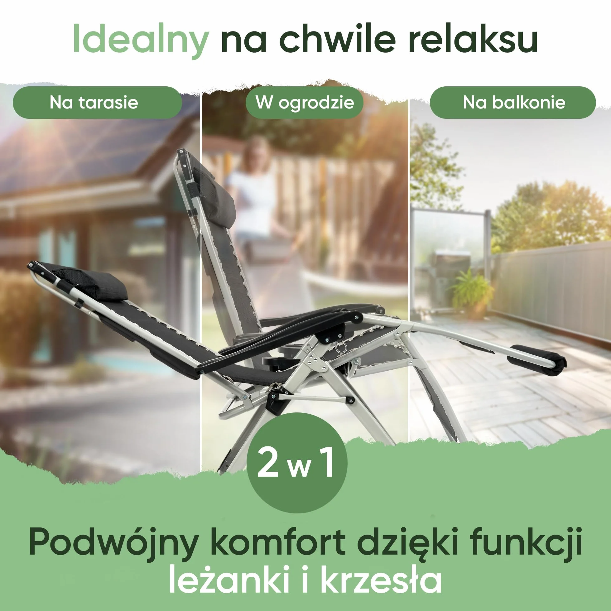 NatureLiving® Składany Leżak Ogrodowy – Solidny, Składany i Odporny na Warunki Atmosferyczne – Leżak z Daszkiem do Ogrodu i na Balkon, Leżak Outdoor Relax, Udźwig do 200 kg (czarny)