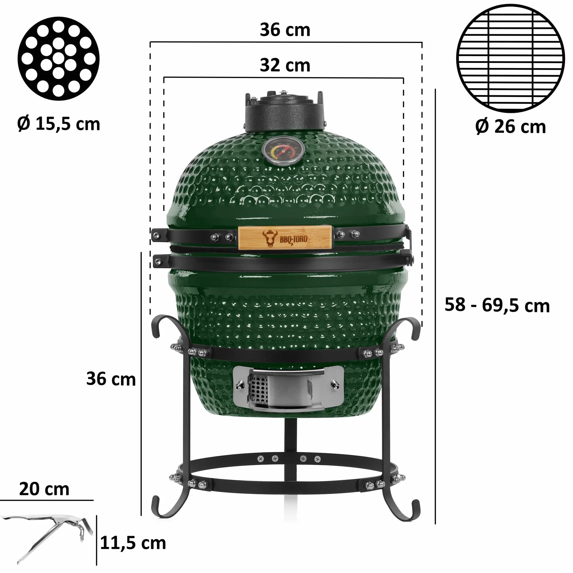 BBQ-Toro Kamado Grill Haiiro grill na węgiel drzewny, Ø 32 cm, zielony, mini grill na węgiel drzewny z termometrem i drewnianymi uchwytami, ceramiczny grill okrągły, ceramiczny grill, jajko, wędzarnia