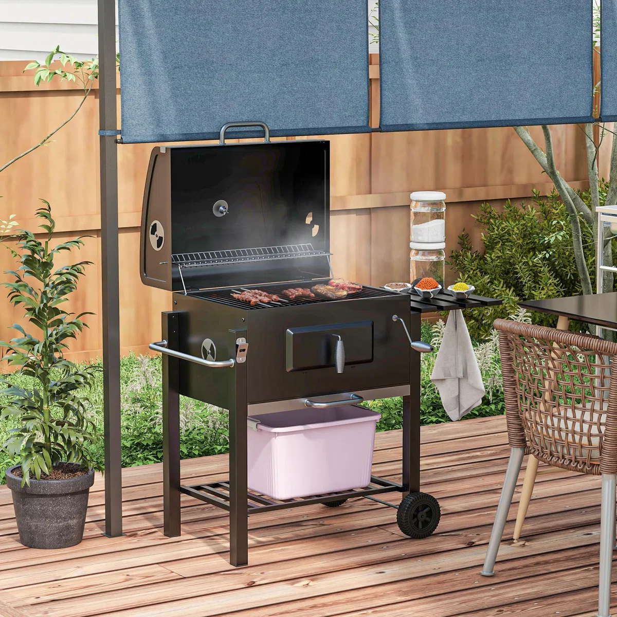 Outsunny Grill na węgiel drzewny ze stali nierdzewnej, BBQ Smoker z pokrywką, termometrem, kółkami, wanną węglową, uchwytem, półką, na wózek węglowy, grill stojący, na kemping, do ogrodu, 115 x 67 x