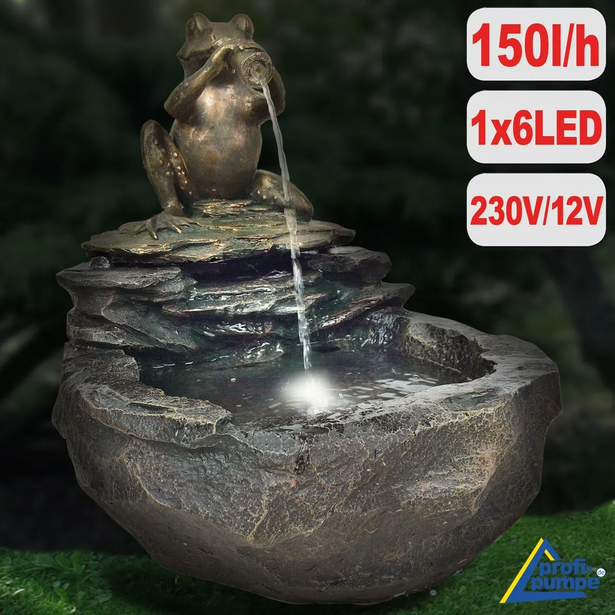 Fontanna ogrodowa, wanna dla ptaków, wodospad, lampa ogrodowa, pompa do stawu, surowa żaba z oświetleniem LED - 230 V