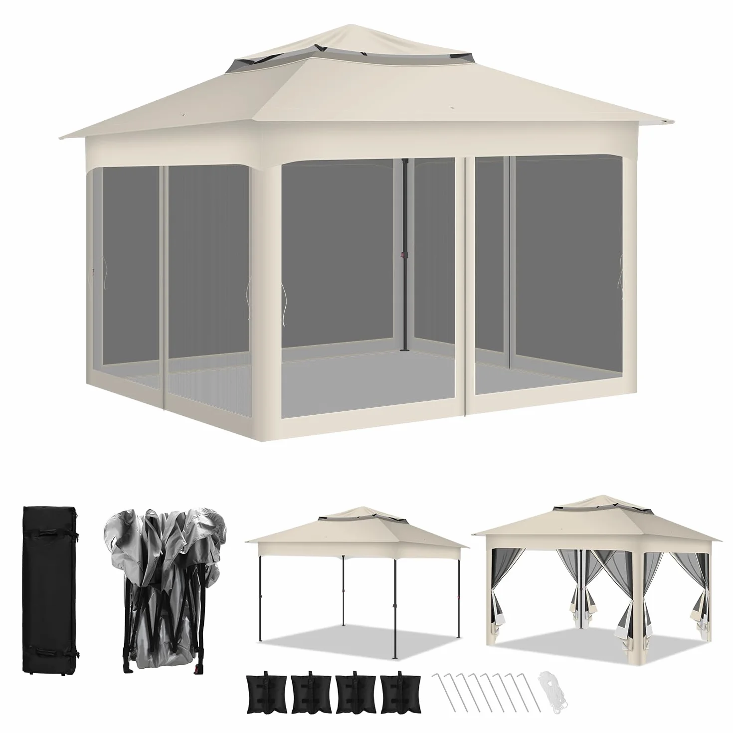 Pawilon 3 x 3 m, wodoodporny stabilny pawilon ogrodowy, pawilon z podwójnym dachem, pawilon z regulowanym podwójnym dachem, pawilon imprezowy z podwójnym dachem, pawilon składany, Beżowy