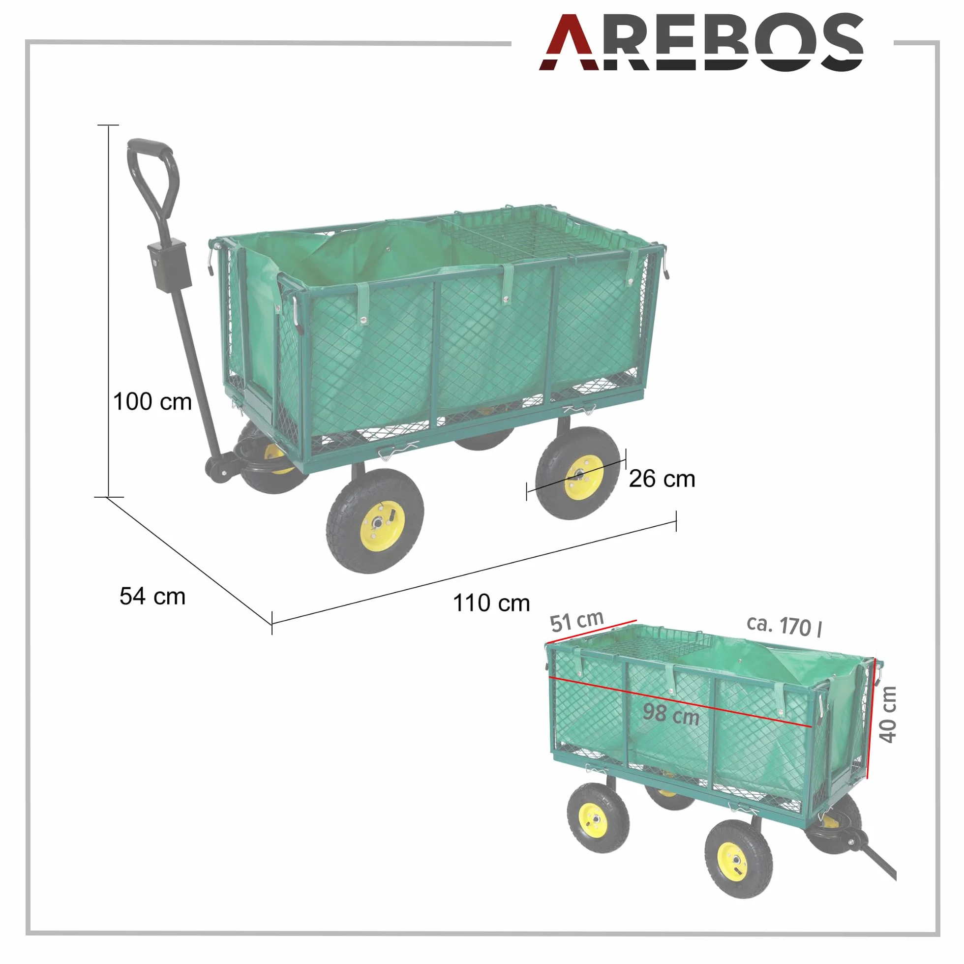 Arebos Wózek ręczny składany 550 kg nośności zielony z oponami z bieżnikiem