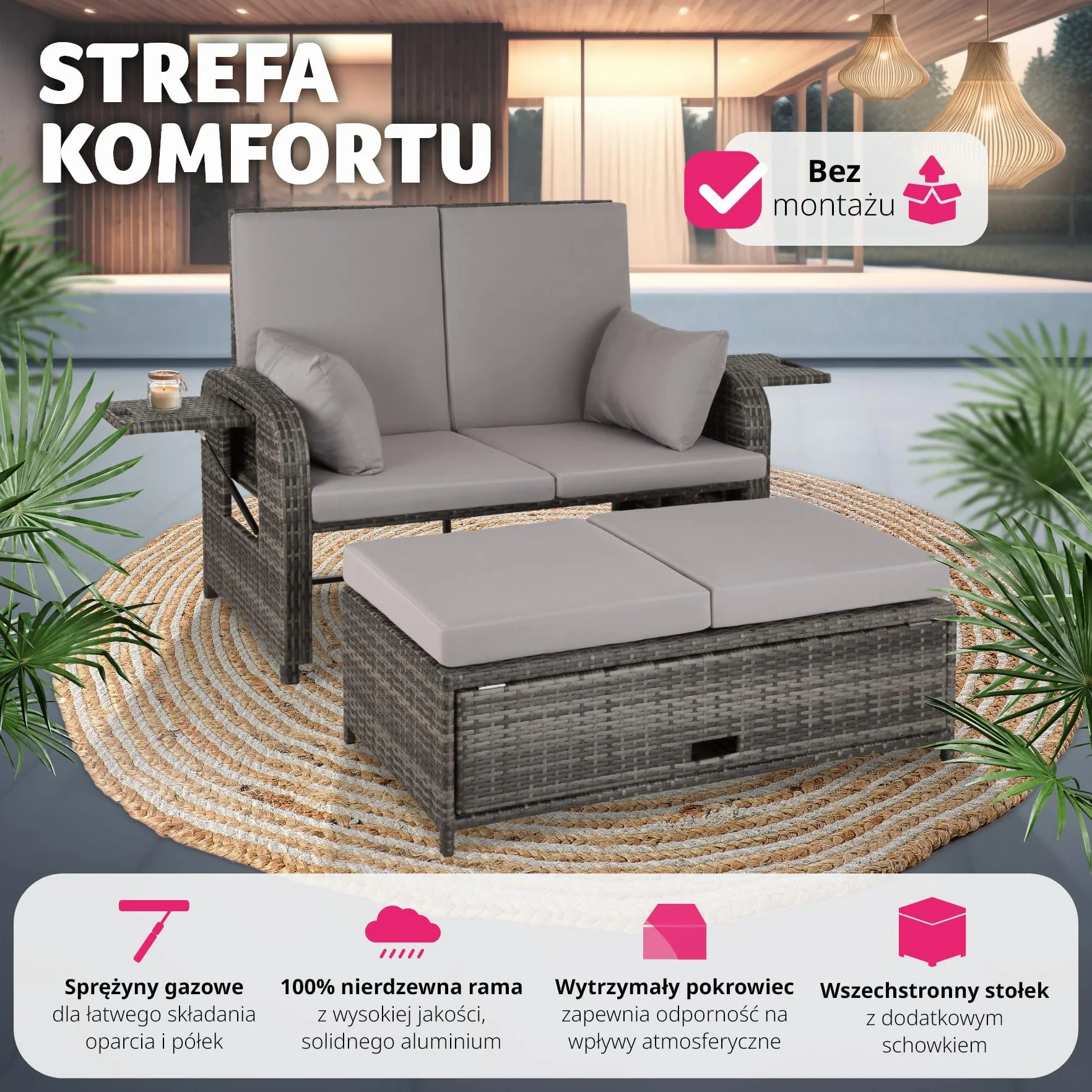 tectake® Sofa Ogrodowa z Technorattanu, Multifunkcyjna z Systemem Sprężyn, Regulowane Oparcie, Wodoodporne Poduszki, Bez Montażu, z Pokrowcem (Szary)