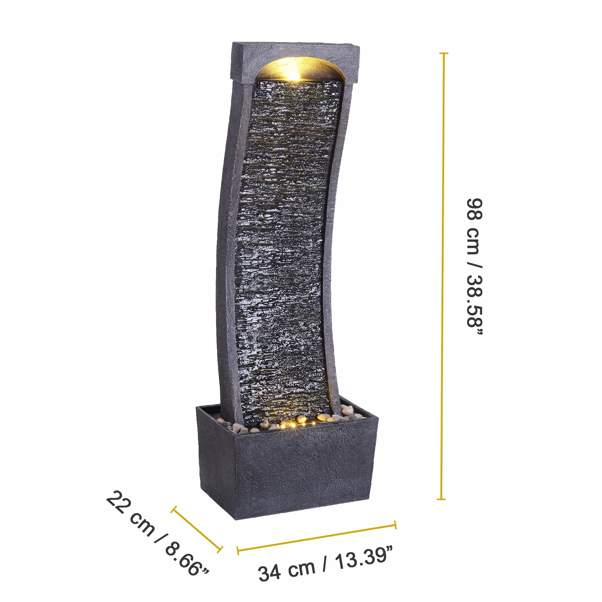 Peaktop Łukowa fontanna wodna, do użytku wewnątrz i na zewnątrz, ogród zimowy, łupek z lampkami, RJ-19048-EU, kolor szary węglowy, 33 x 20 x 98 cm