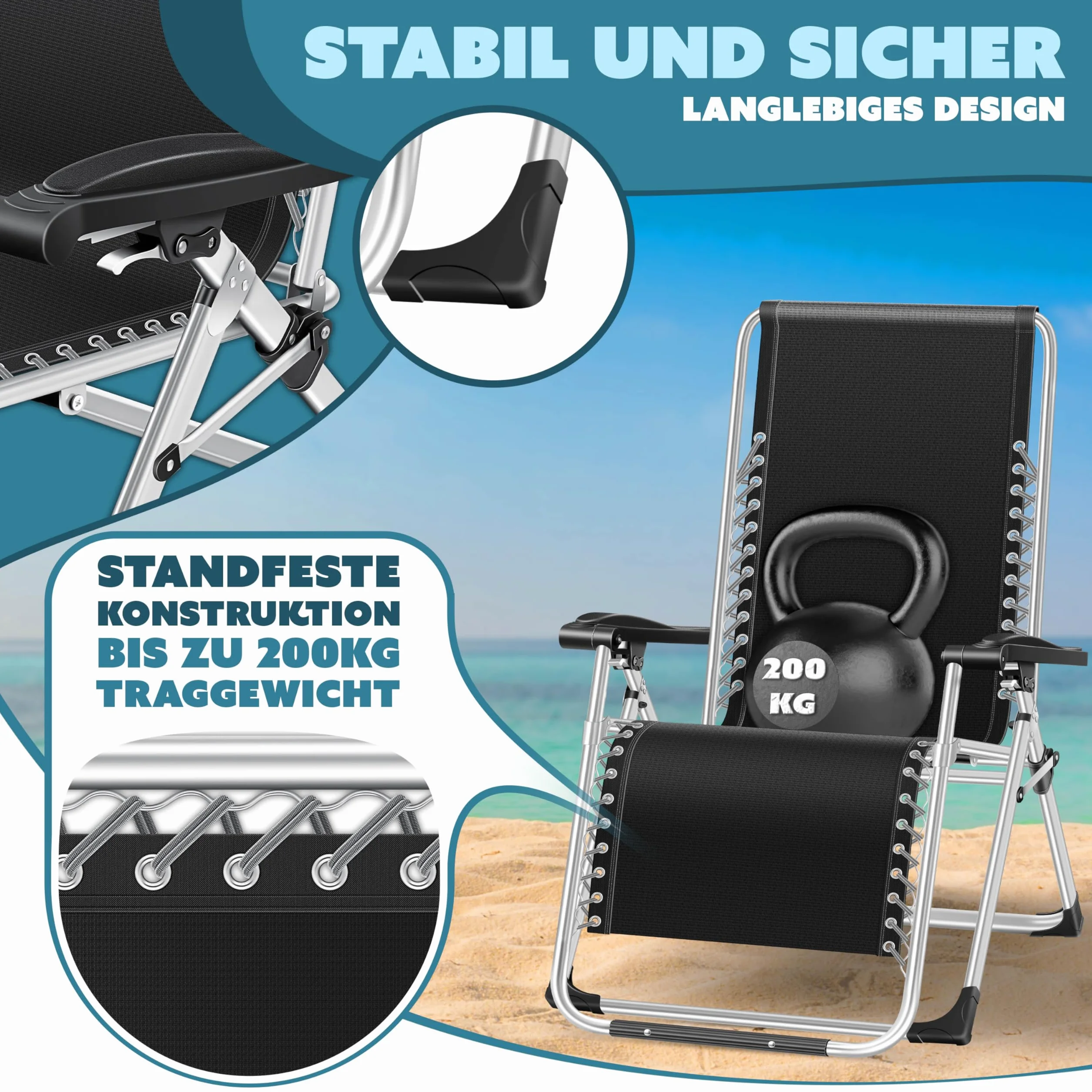 KESSER® Leżak słoneczny Fotel leżący, Leżak ogrodowy bardzo szeroki i odporny na warunki atmosferyczne, Wytrzymałość 200 kg, Ergonomiczna poduszka regulowane oparcie w zestawie poduszka pod kark