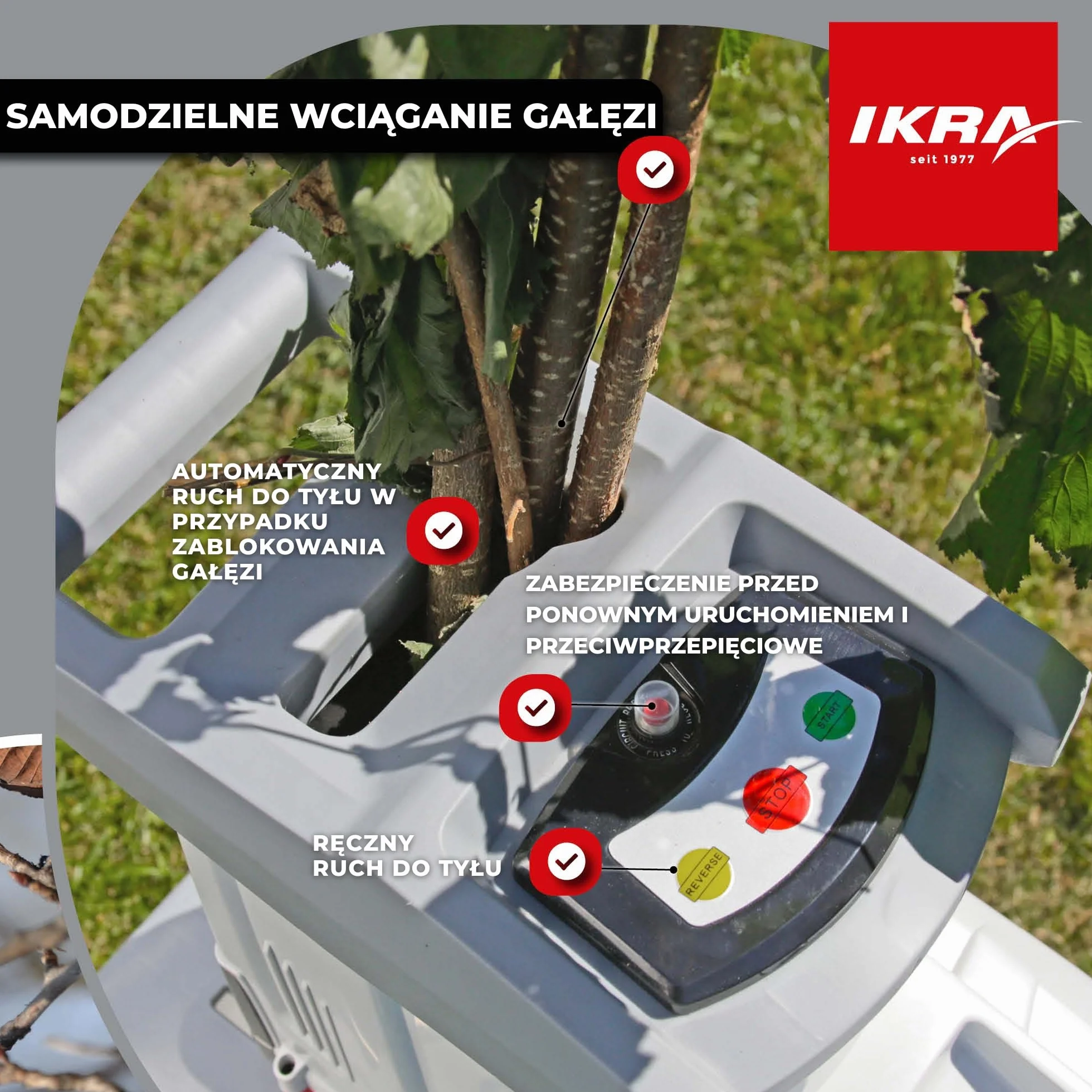 IKRA rozdrabniarka elektryczna ILH 3200 A – cicha, wytrzymała, niewymagająca konserwacji, moc 3200 W, grubość gałęzi do 44 mm
